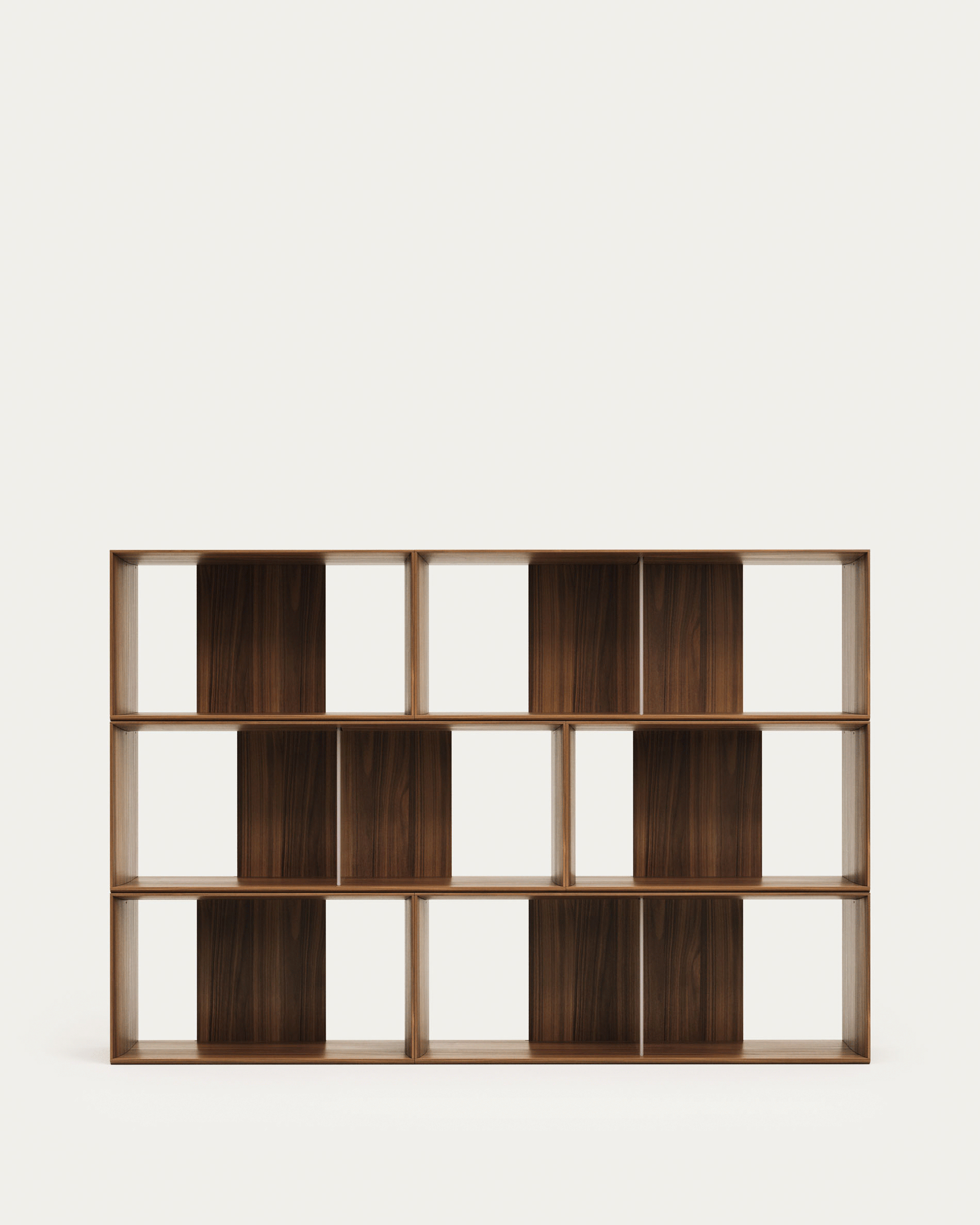 Litto set of 6 modular shelving units in walnut wood veneer, 168 x 114 cm