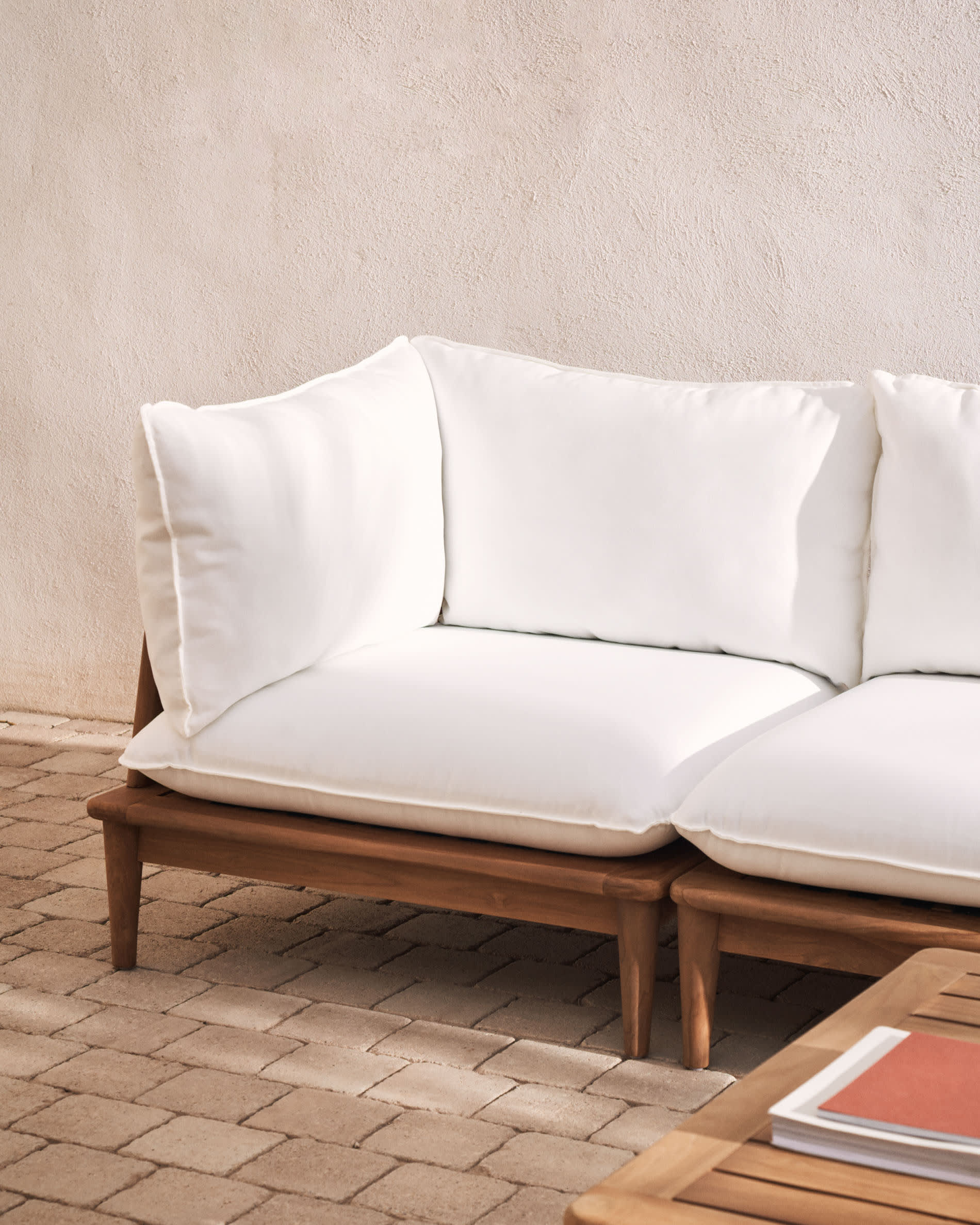 Portitxol set of 2 corner armchairs, 2 armchairs and 2 coffee tables in solid teak