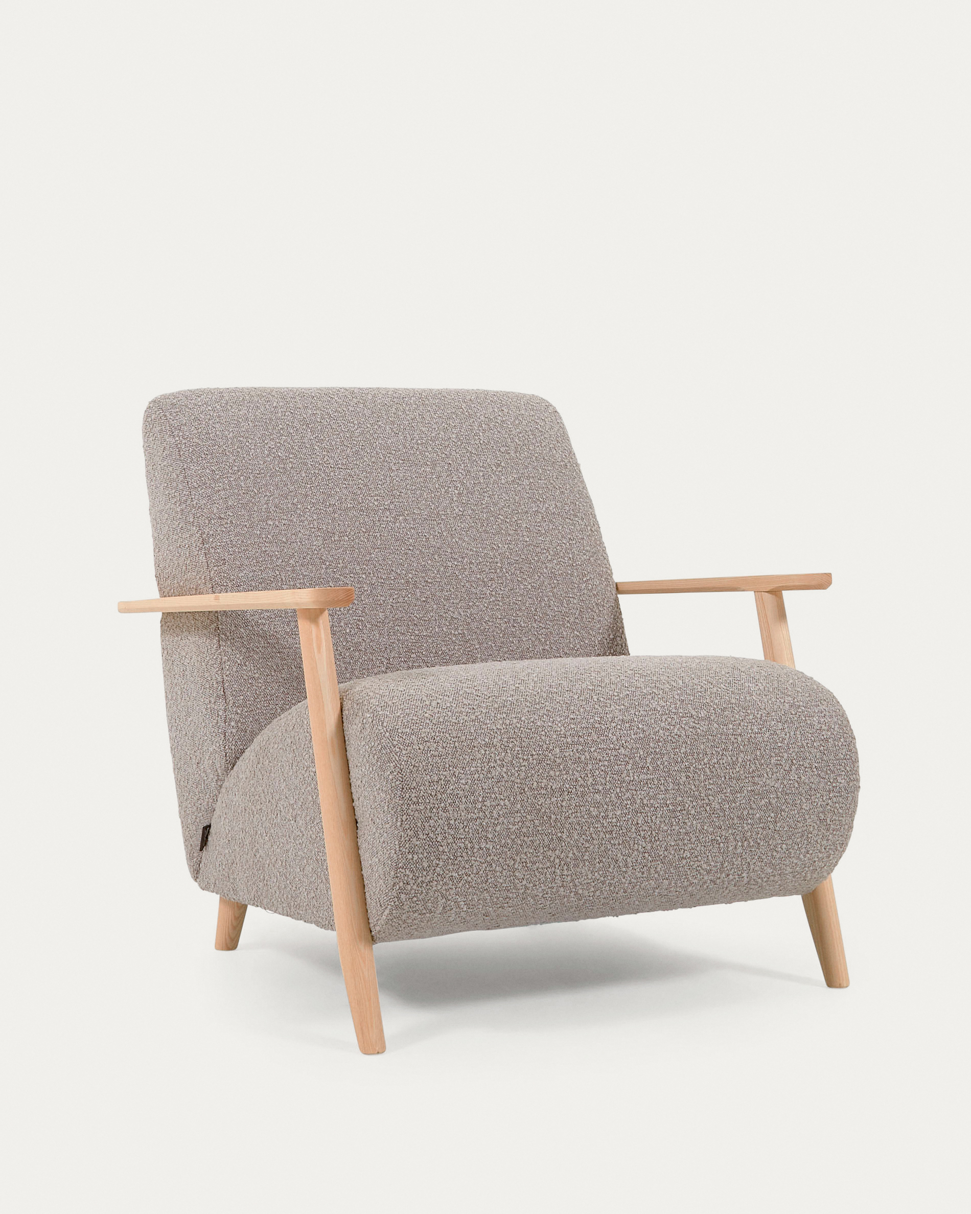 Meghan armchair in light grey bouclé with solid ash legs with natural finish
