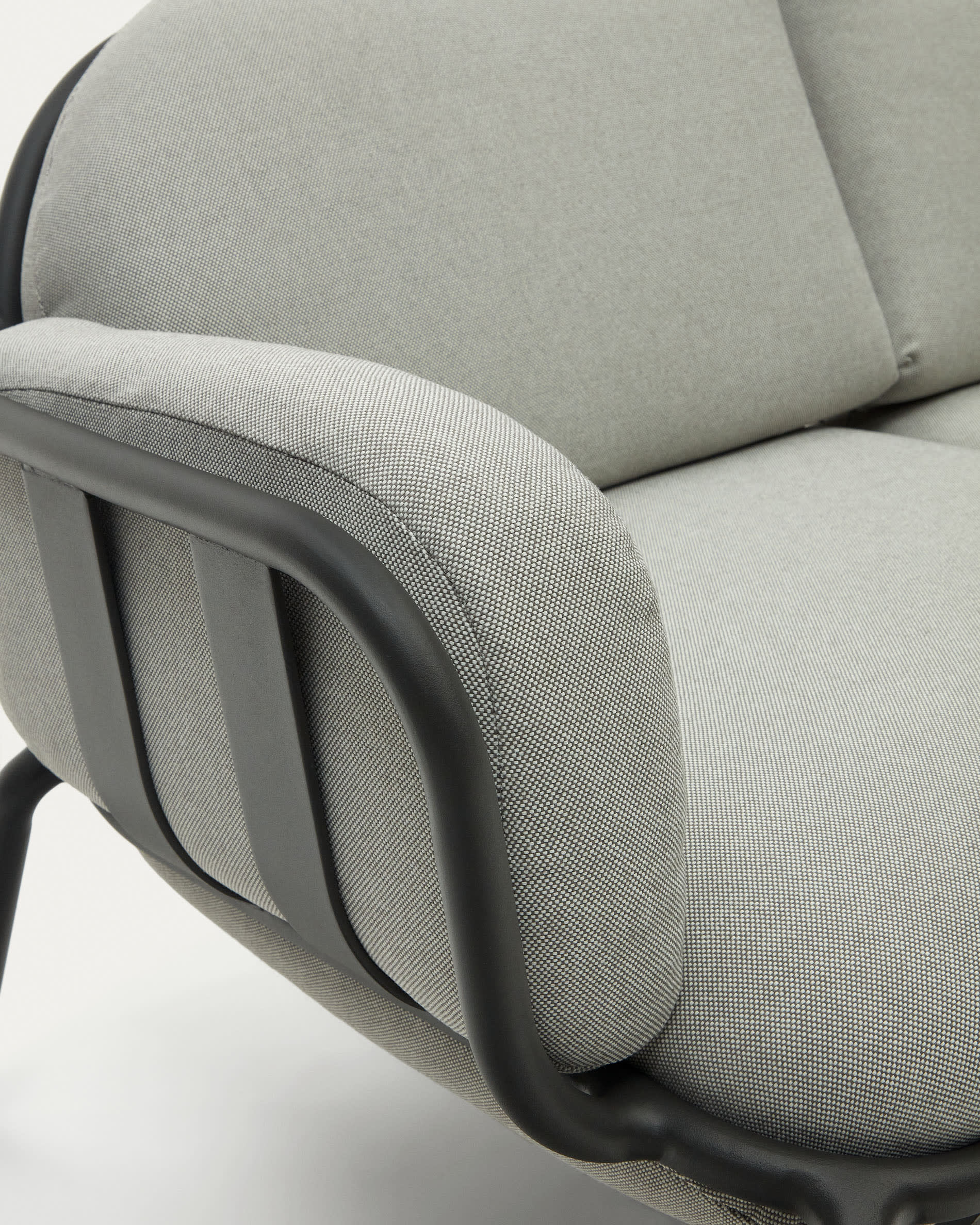 Joncols outdoor 2-seater sofa in aluminium with grey painted finish and grey cushions 164cm