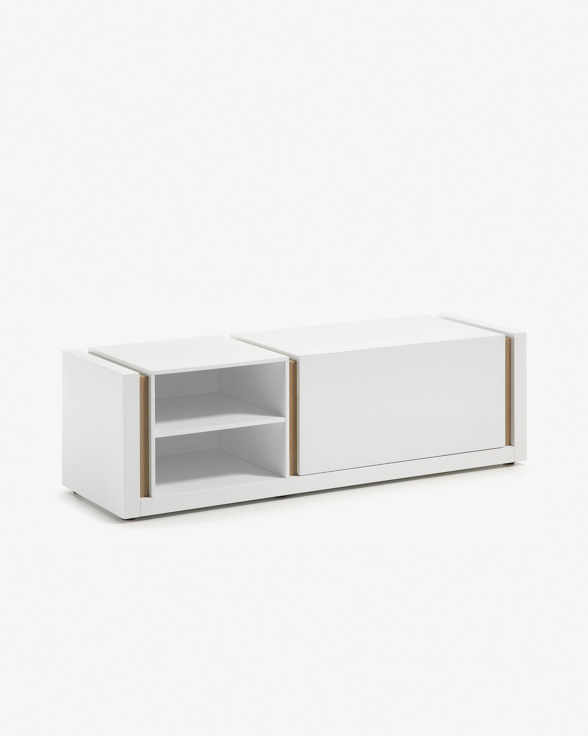 DE TV stand with white lacquer and oak veneer details 140 x 42 cm