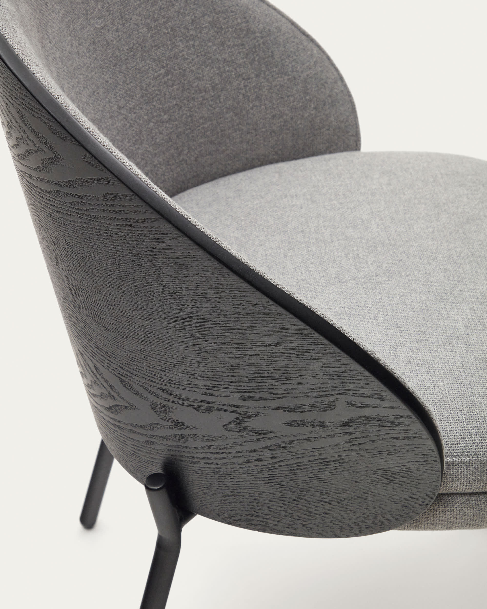 Eamy chair light grey chenilla and ash wood veneer with a black finish and black metal