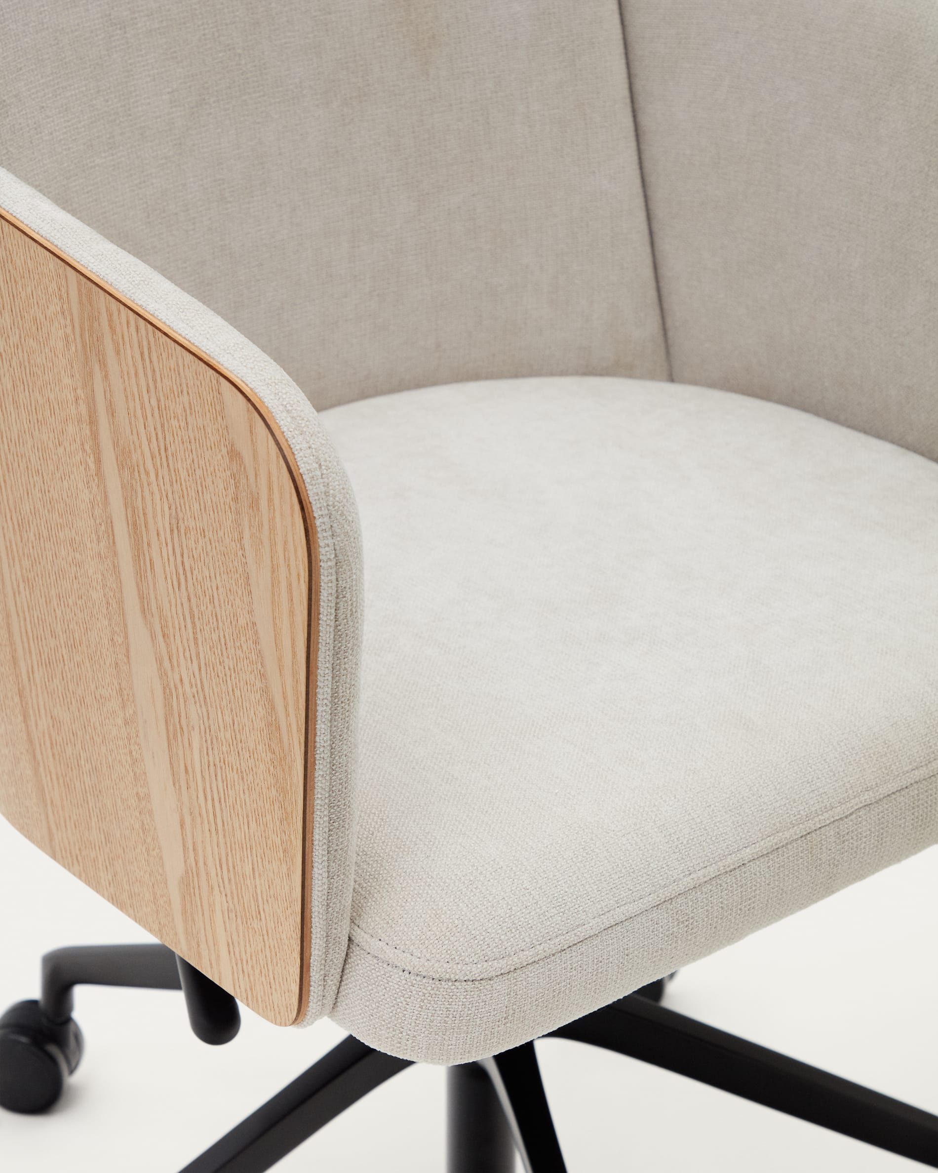 Madai desk chair in beige chenille and ash veneer with natural tone finish FSC Mix Credit