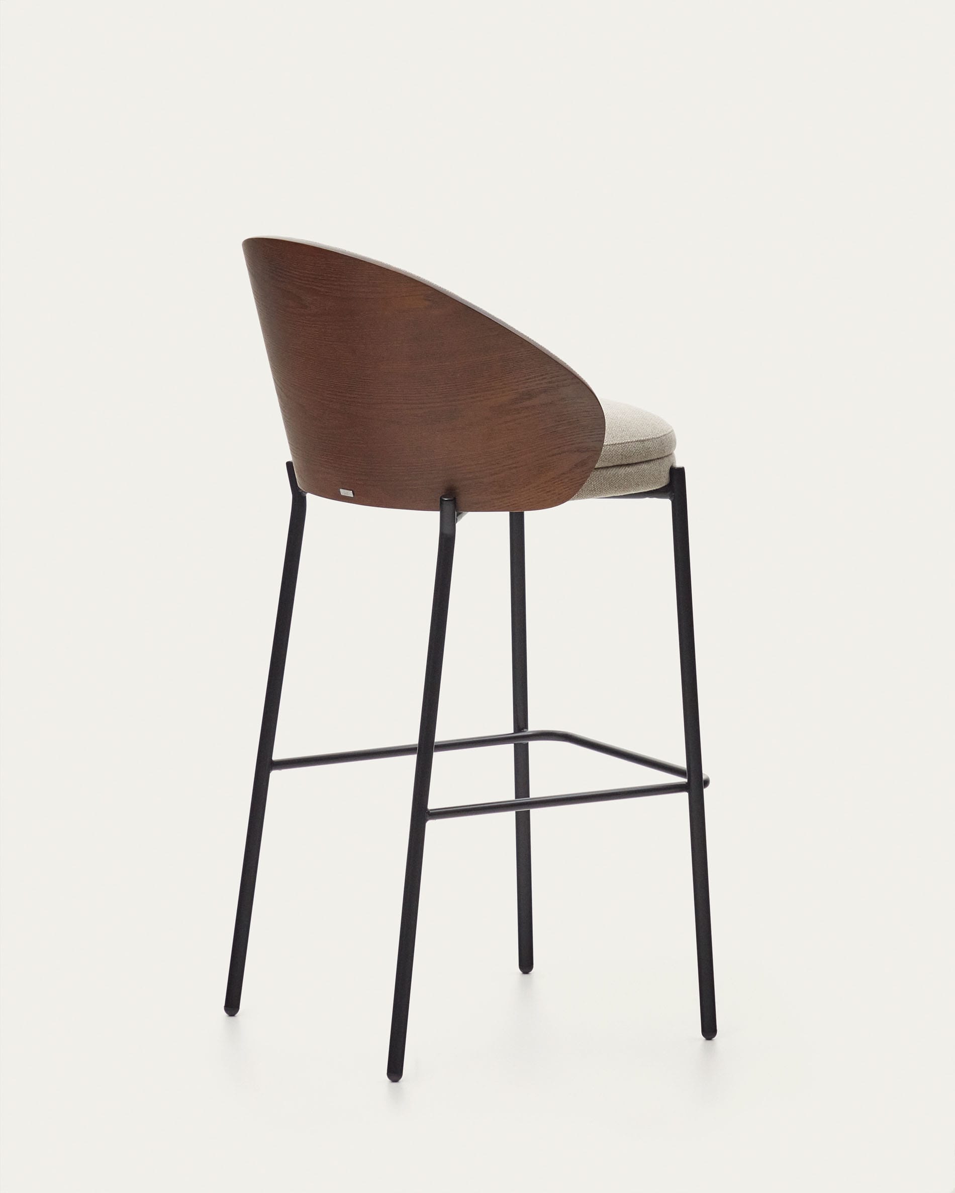 Eamy stool light brown chenille and ash wood veneer with a walnut finish and black metal 77 cm