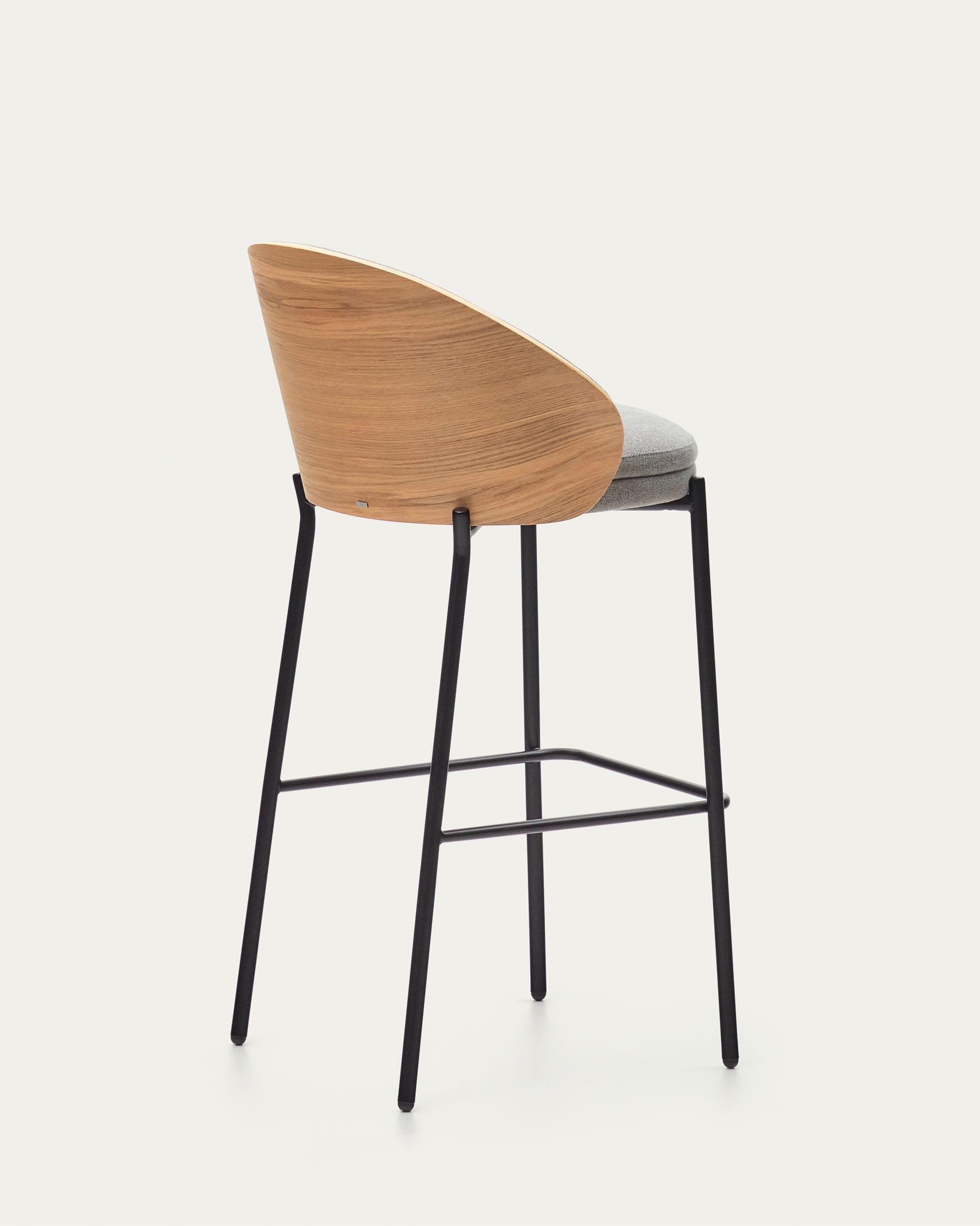 Eamy stool light grey chenille and ash wood veneer with a natural finish and black metal, 77 cm
