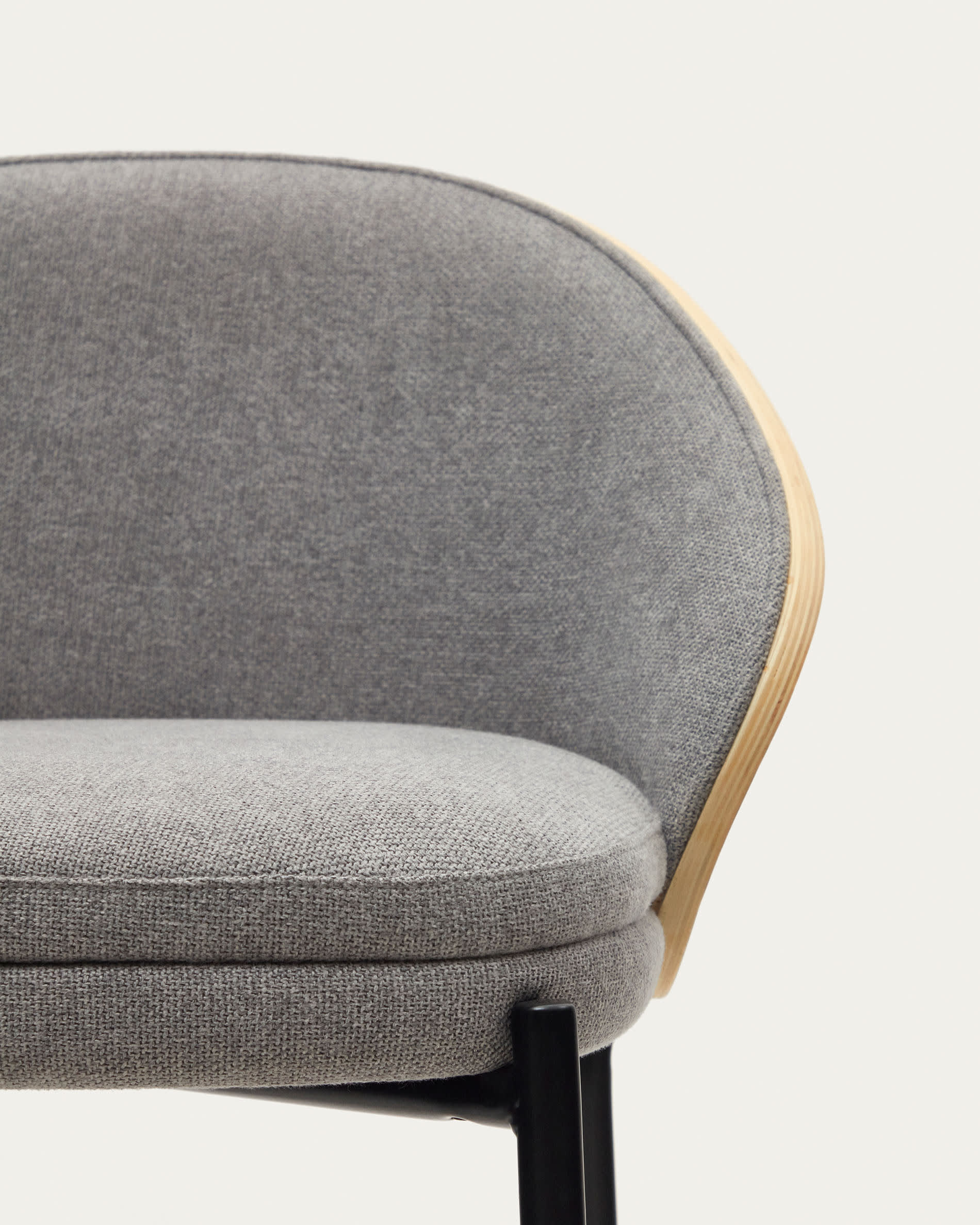 Eamy stool light grey chenille and ash wood veneer with a natural finish and black metal, 77 cm