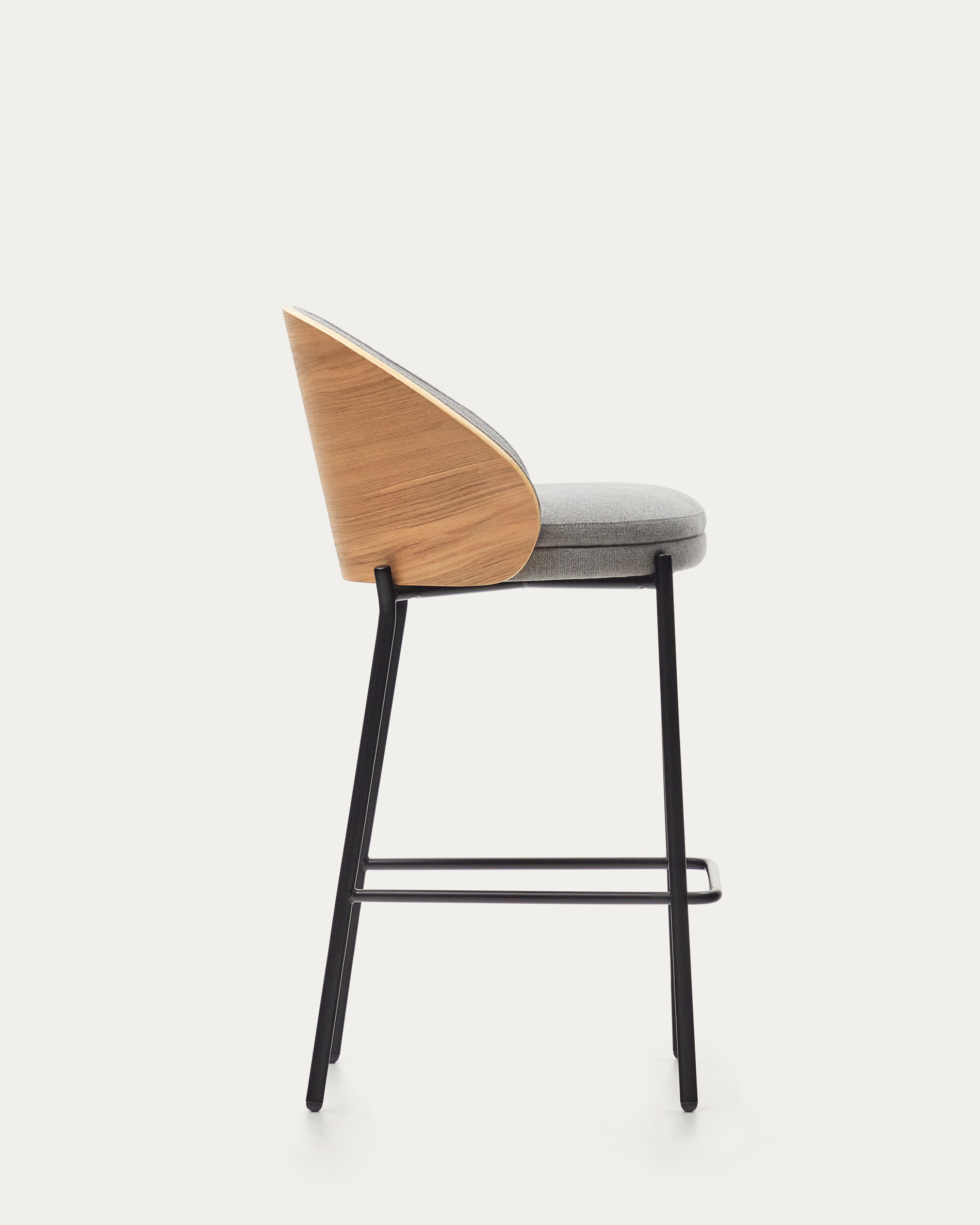 Eamy stool light grey chenille and ash wood veneer with a natural finish and black metal, 65 cm