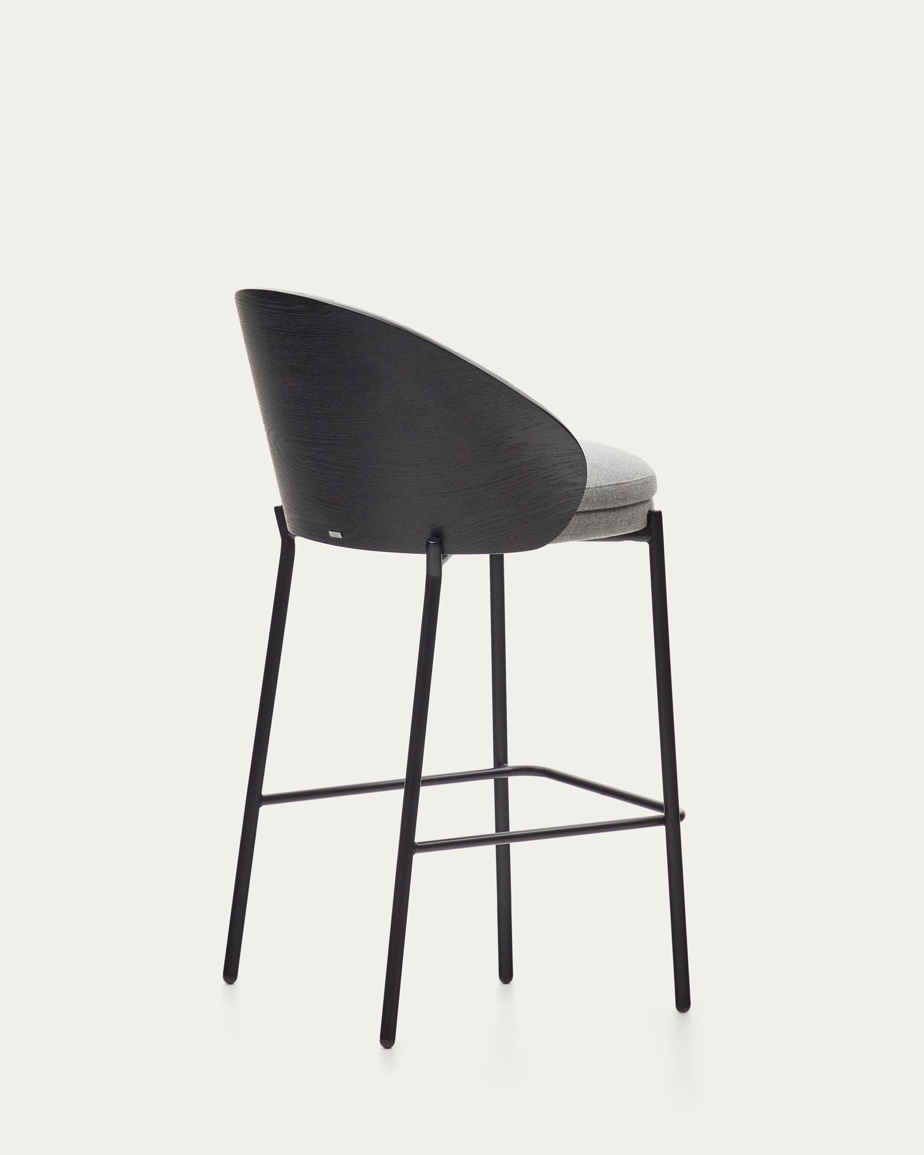 Eamy stool light grey chenille and ash wood veneer with a black finish and black metal, 65 cm