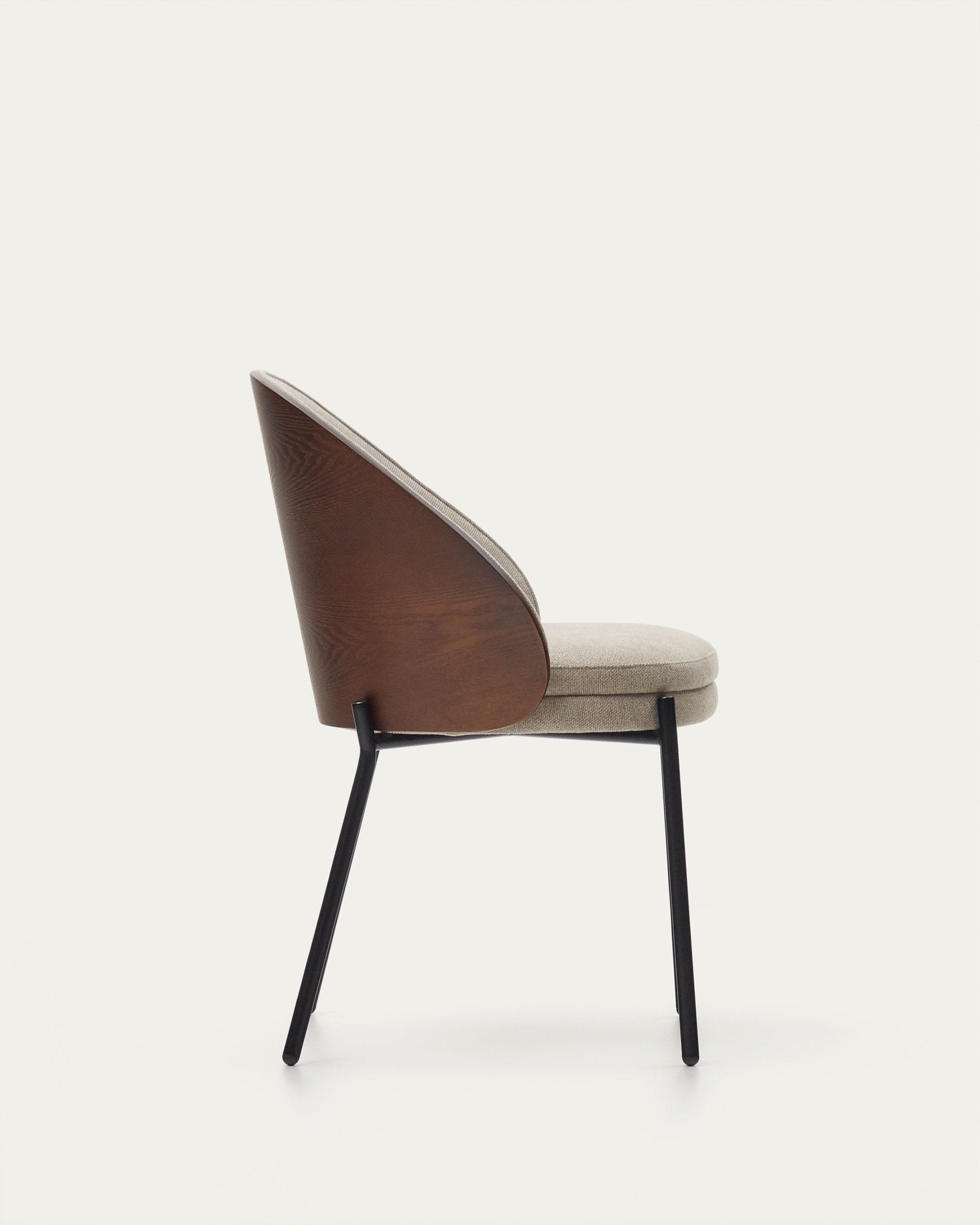 Eamy chair in light brown chenille with ash veneer in walnut finish and black metal