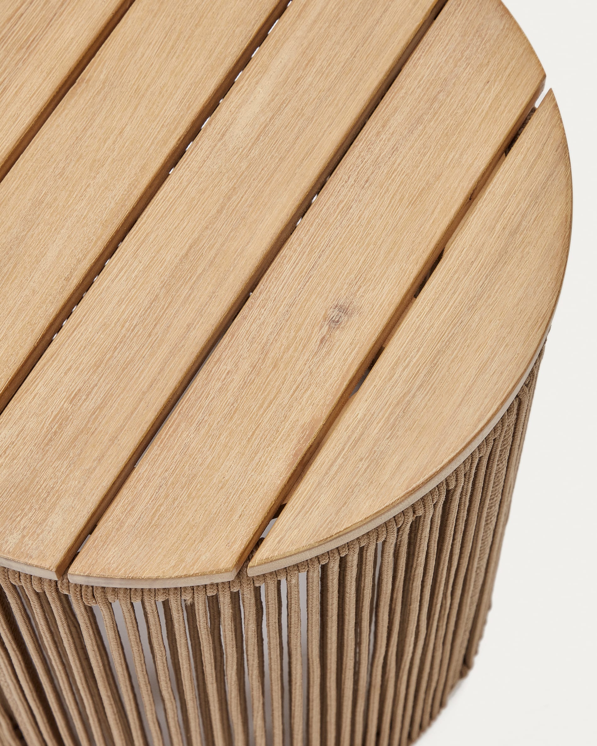 Dandara side table made of steel, beige cord and solid acacia wood, Ø40 cm FSC 100%