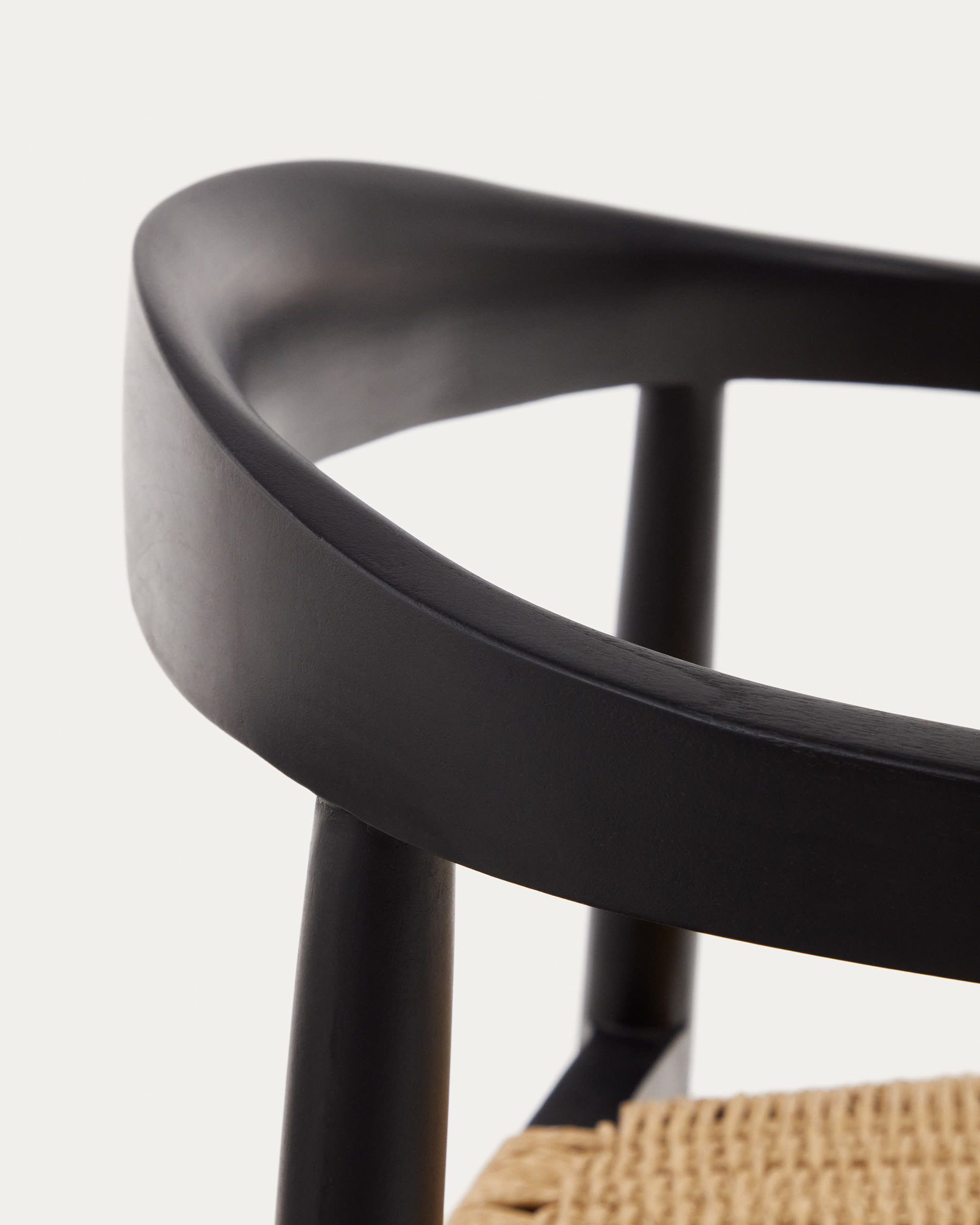 Ydalia stackable outdoor chair in solid teak wood with black finish and synthetic rattan rope