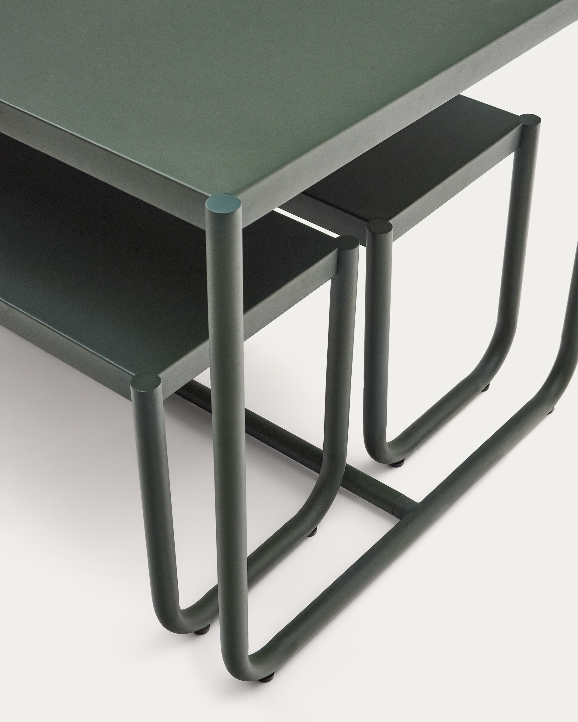 Sotil Set of 2 Benches and Galvanized Steel Table with Green Finish 183 x 83 cm