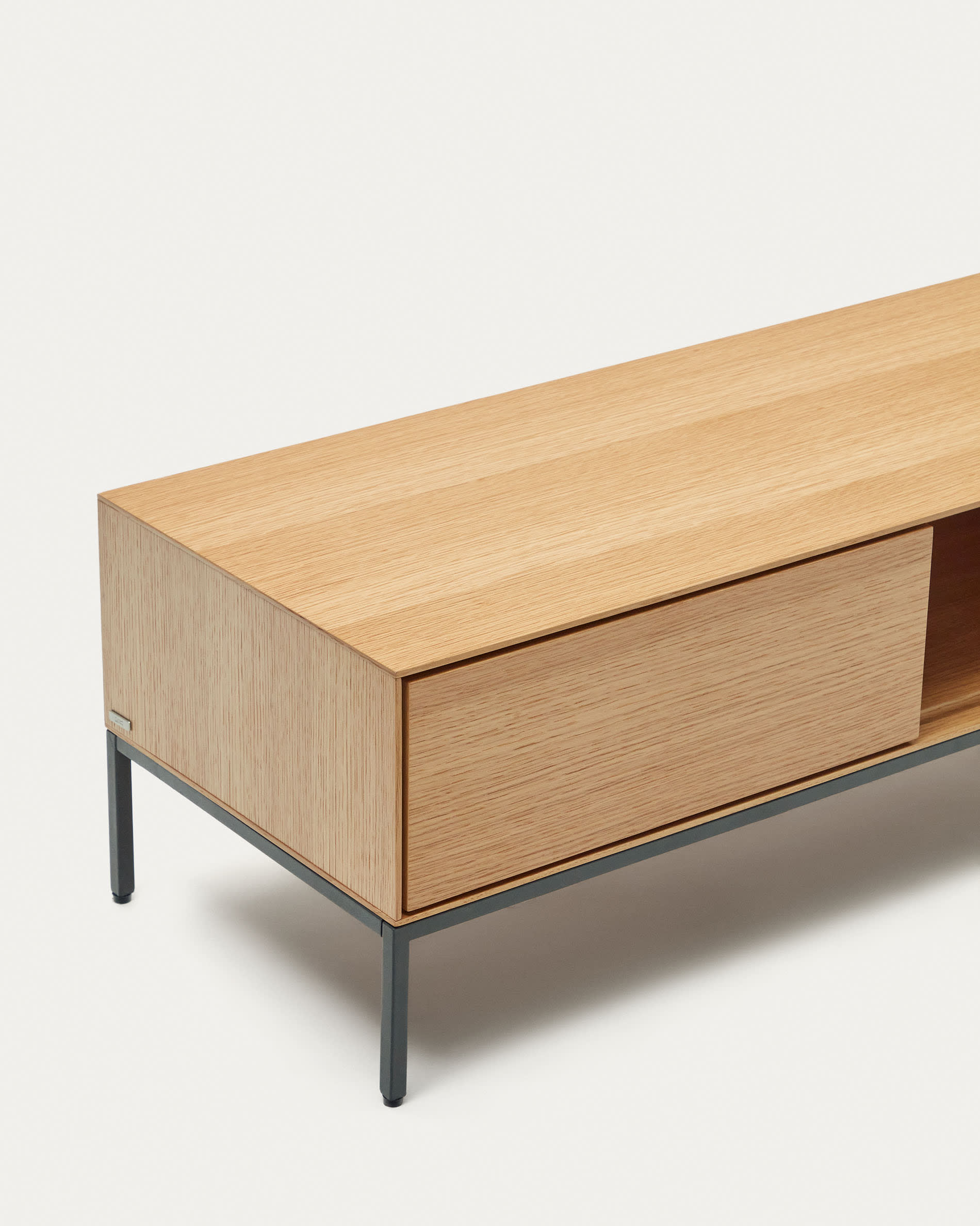 Vedrana 3 drawer TV stand in oak veneer with black steel legs, 195 x 35 cm