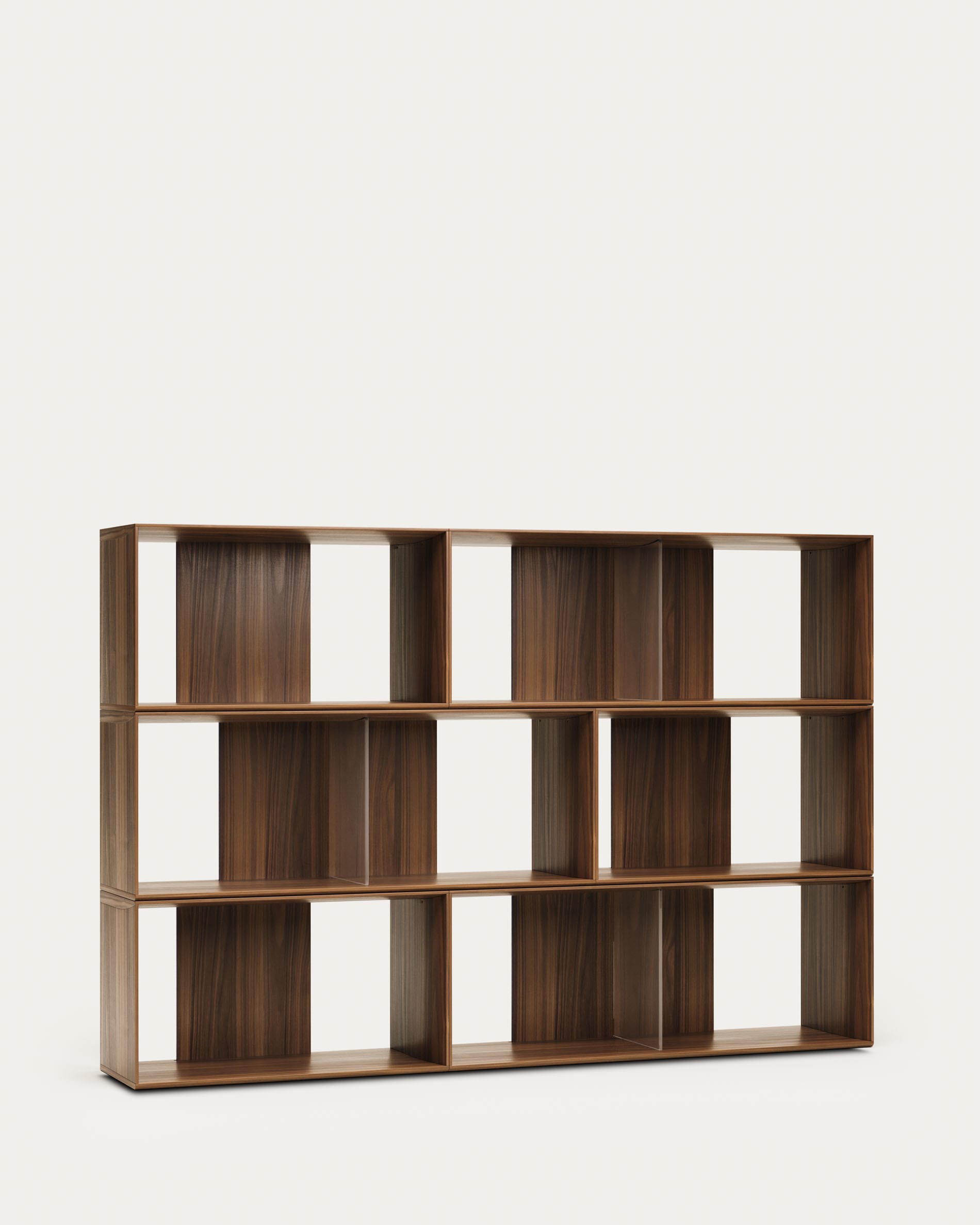 Litto set of 6 modular shelving units in walnut wood veneer, 168 x 114 cm