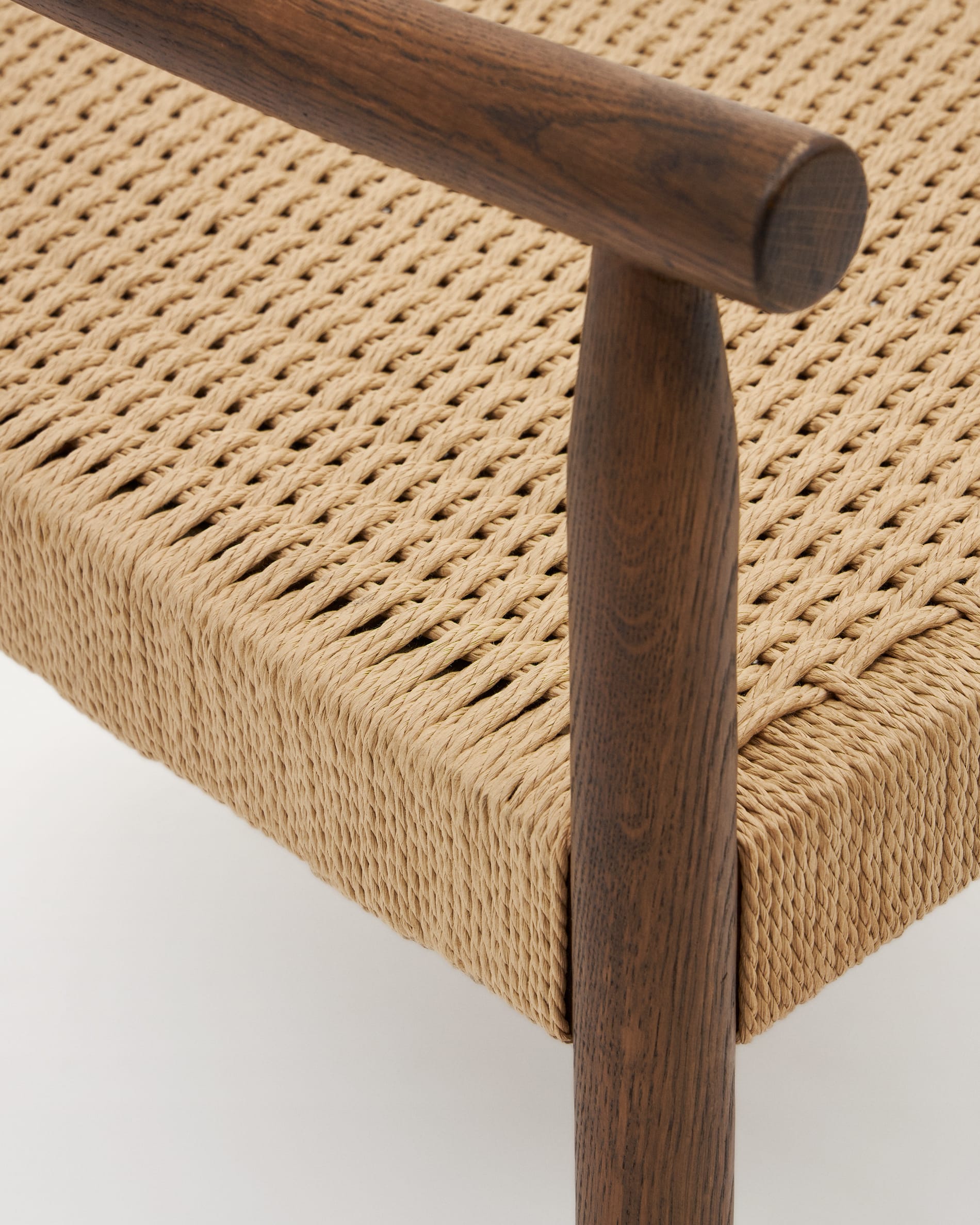 Yalia armchair in solid oak wood with walnut finish and paper rope seat FSC Mix Credit
