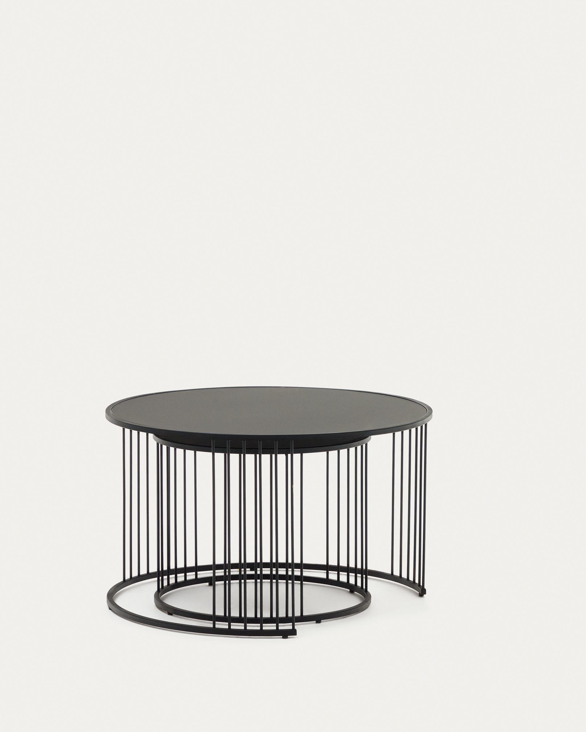 Hadar set of 2 tempered glass & metal side tables with matte black finish, Ø 75cm / Ø 45cm