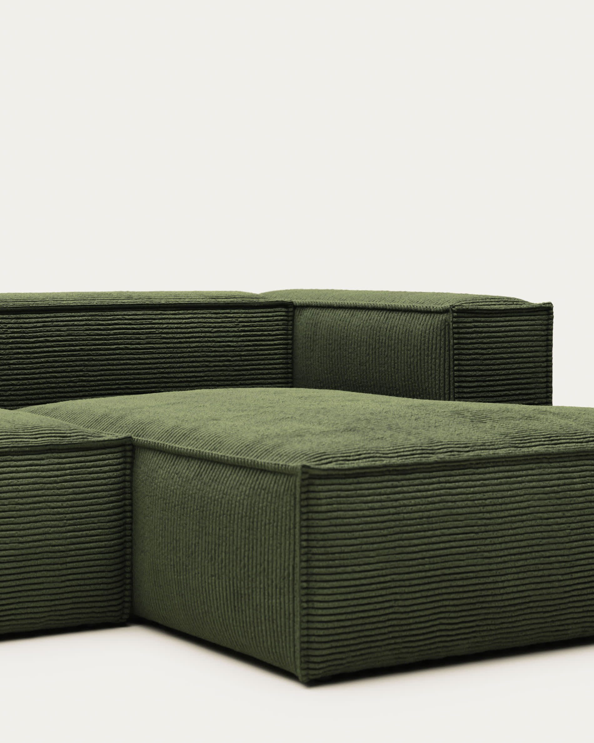Blok fire-retardant 3-seater sofa with right chaise longue in thick green corduroy 300cm