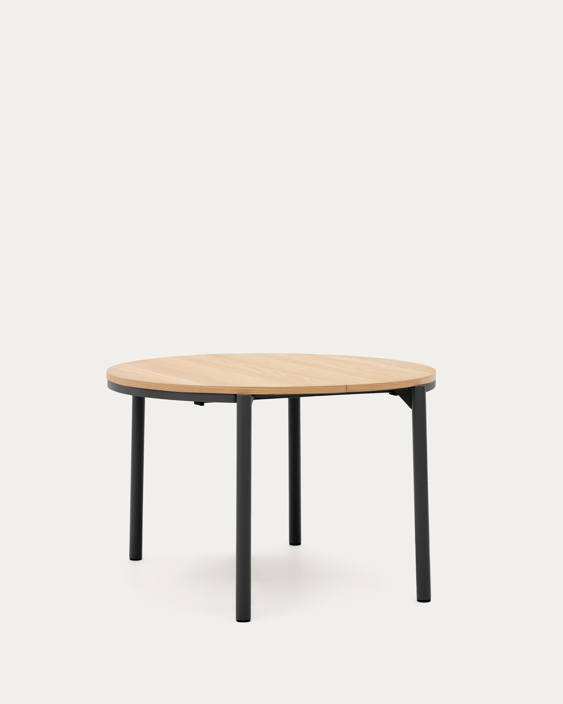 Montuiri extendable round table in oak veneer and steel legs with black finish, Ø 120 (200) cm