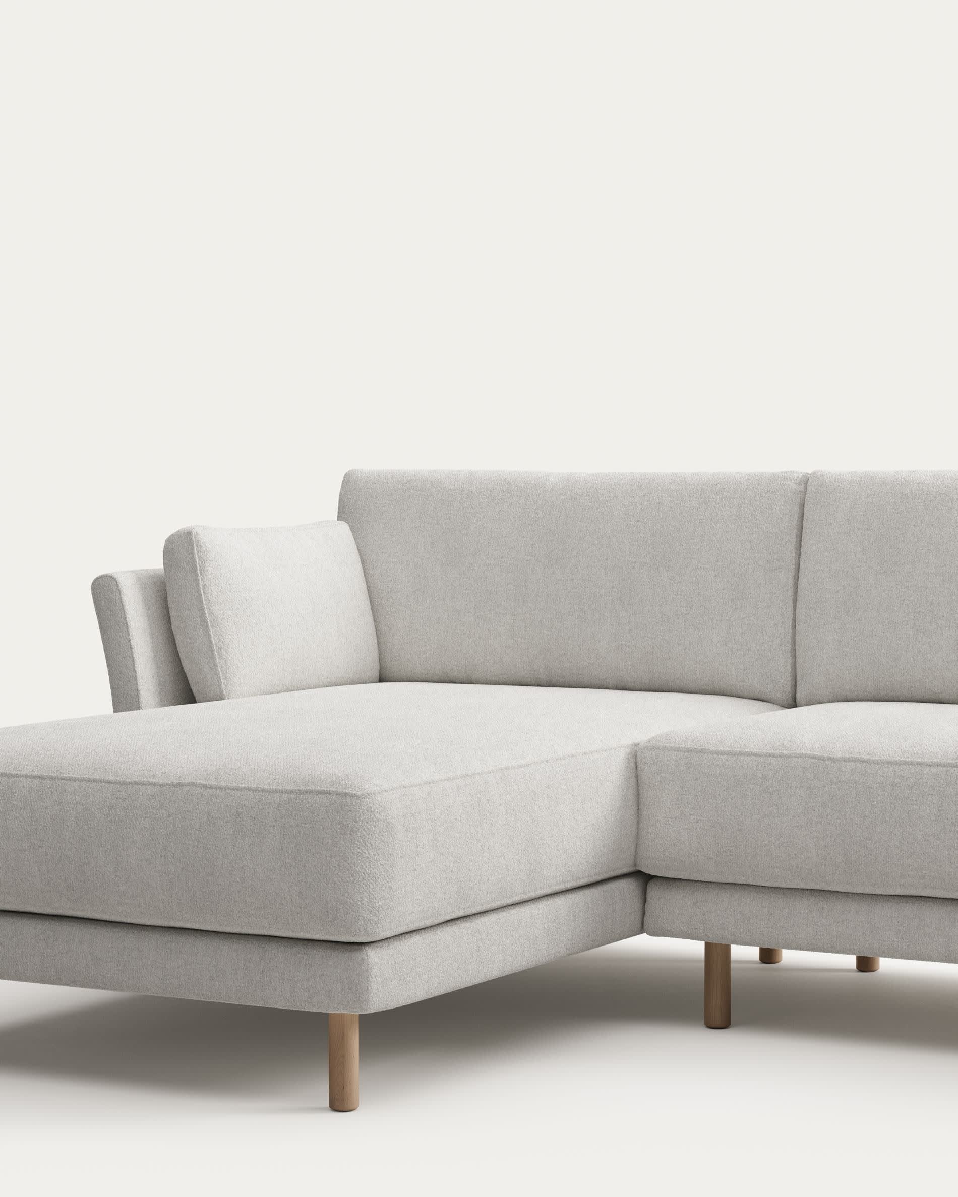 Gilma 3 seater sofa left/right side chaise in white fleece, natural finish legs, 260 cm FR