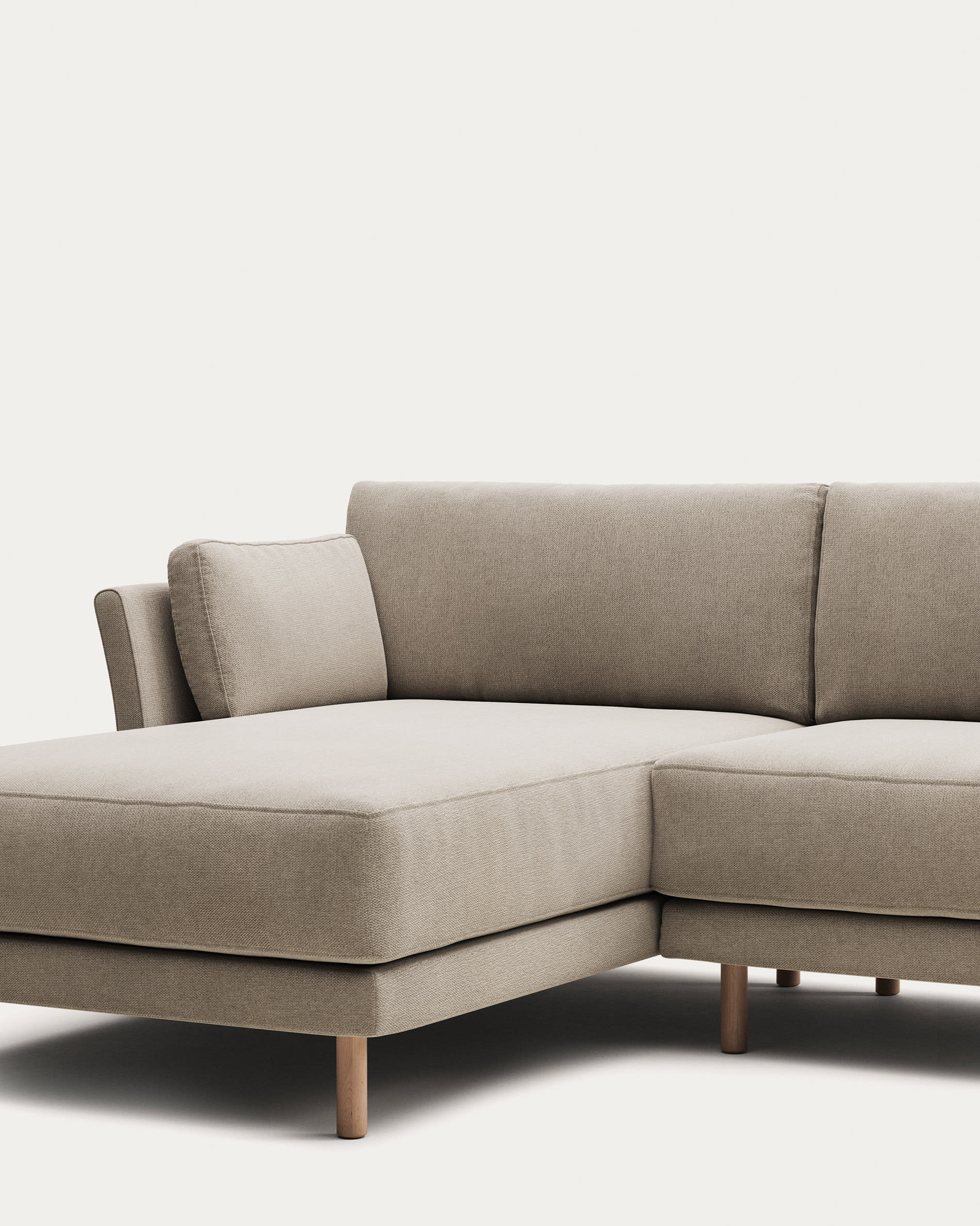 Gilma fire-retardant 3-seater sofa with right/left chaise longue in beige chenille with natural-finish legs 260cm