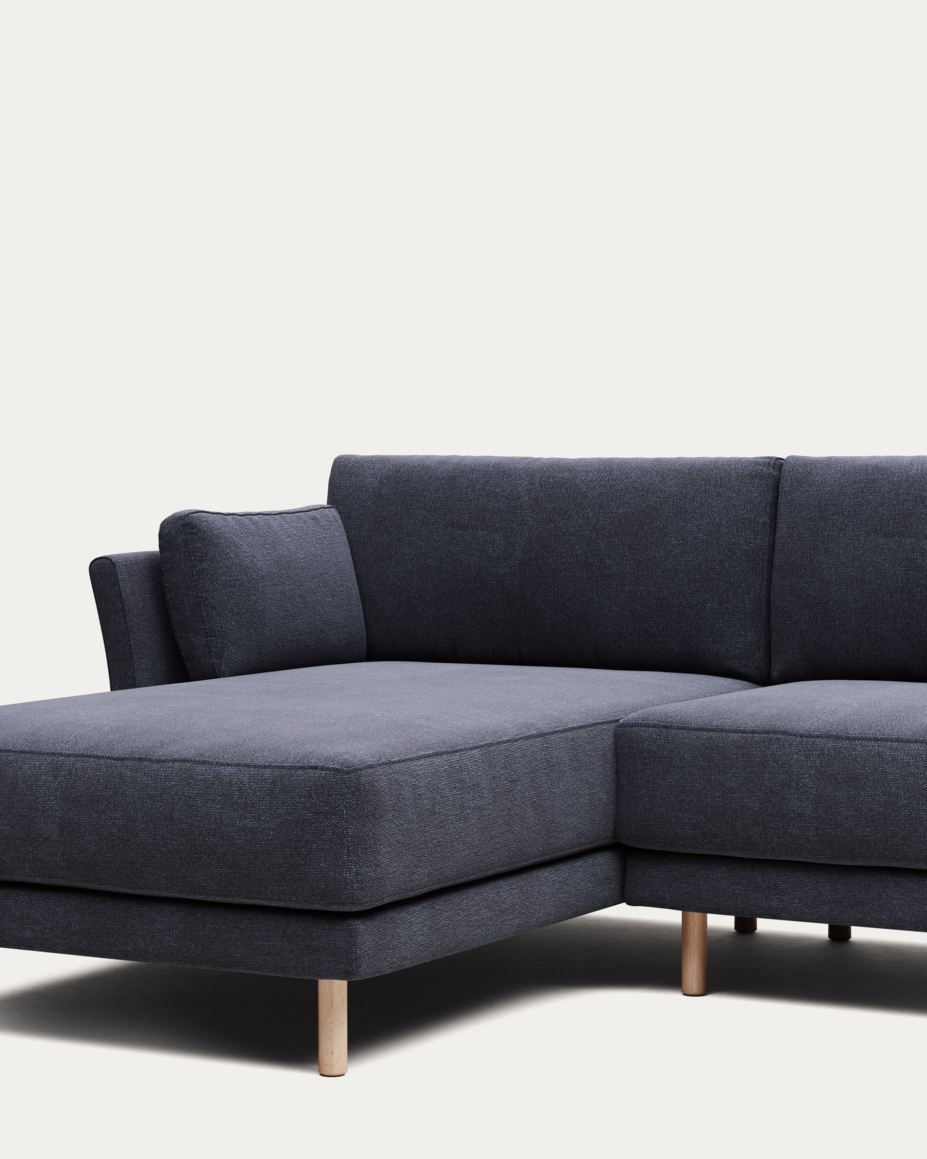 Gilma fire-retardant 3-seater sofa with right/left chaise longue in blue chenille with natural-finish legs 260cm