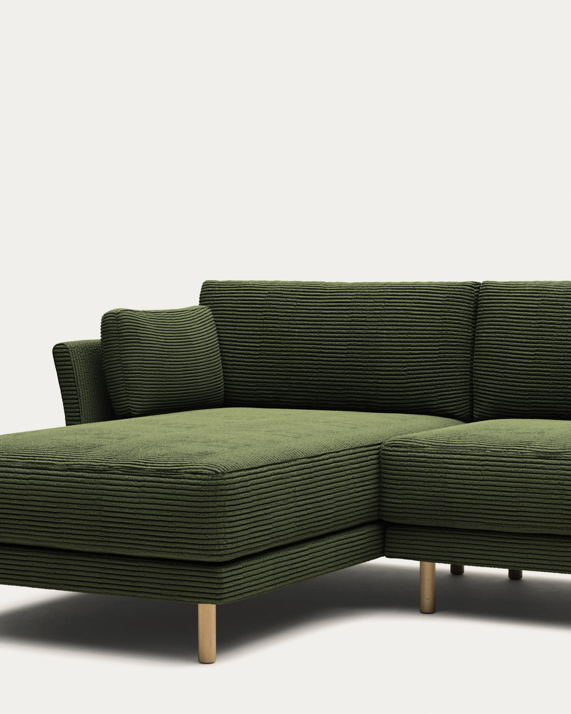 Gilma fire-retardant 3-seater sofa with right/left chaise longue in thick green corduroy with natural-tone finish legs 260cm
