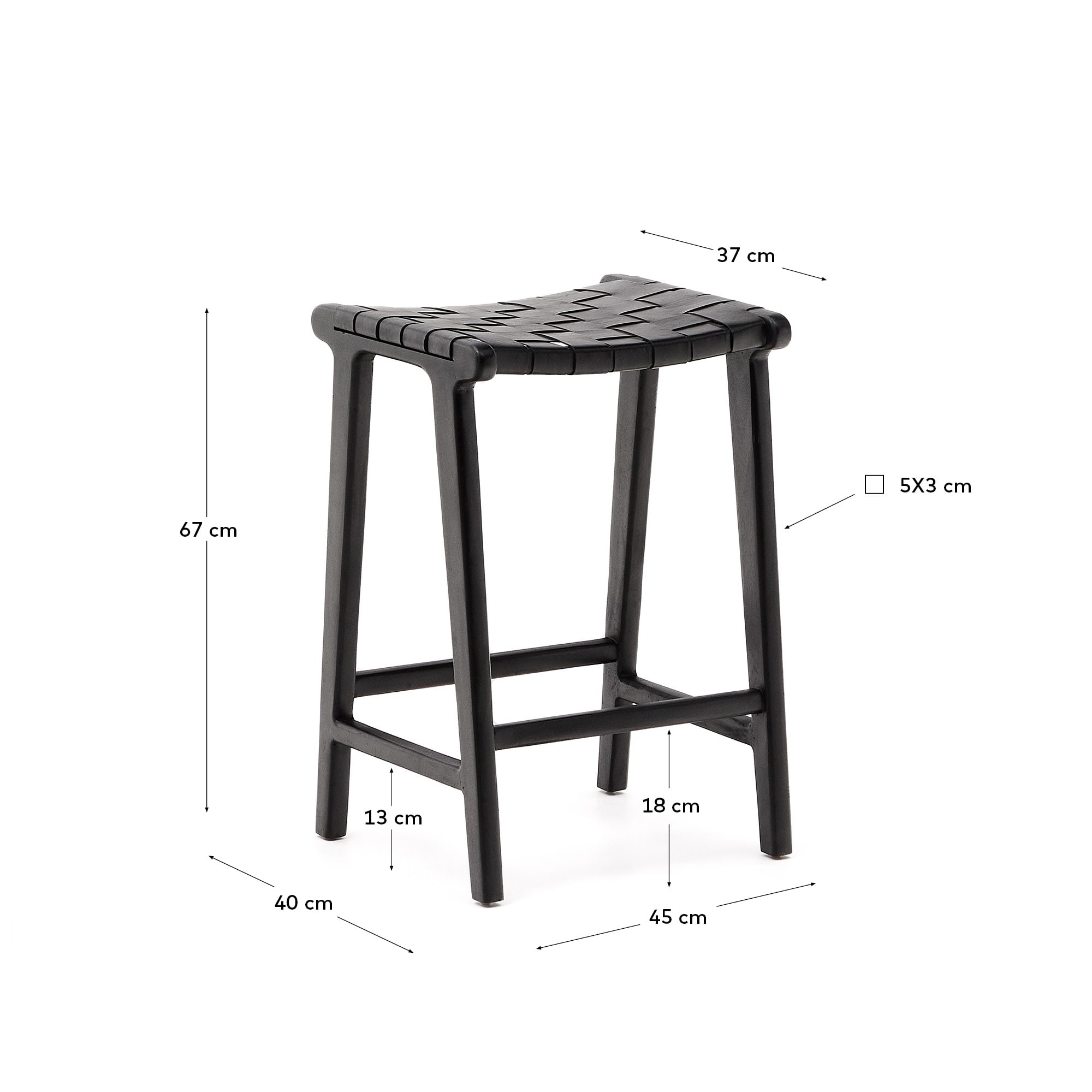 Calixta stool in leather and solid mahogany wood with black finish, 67 cm height