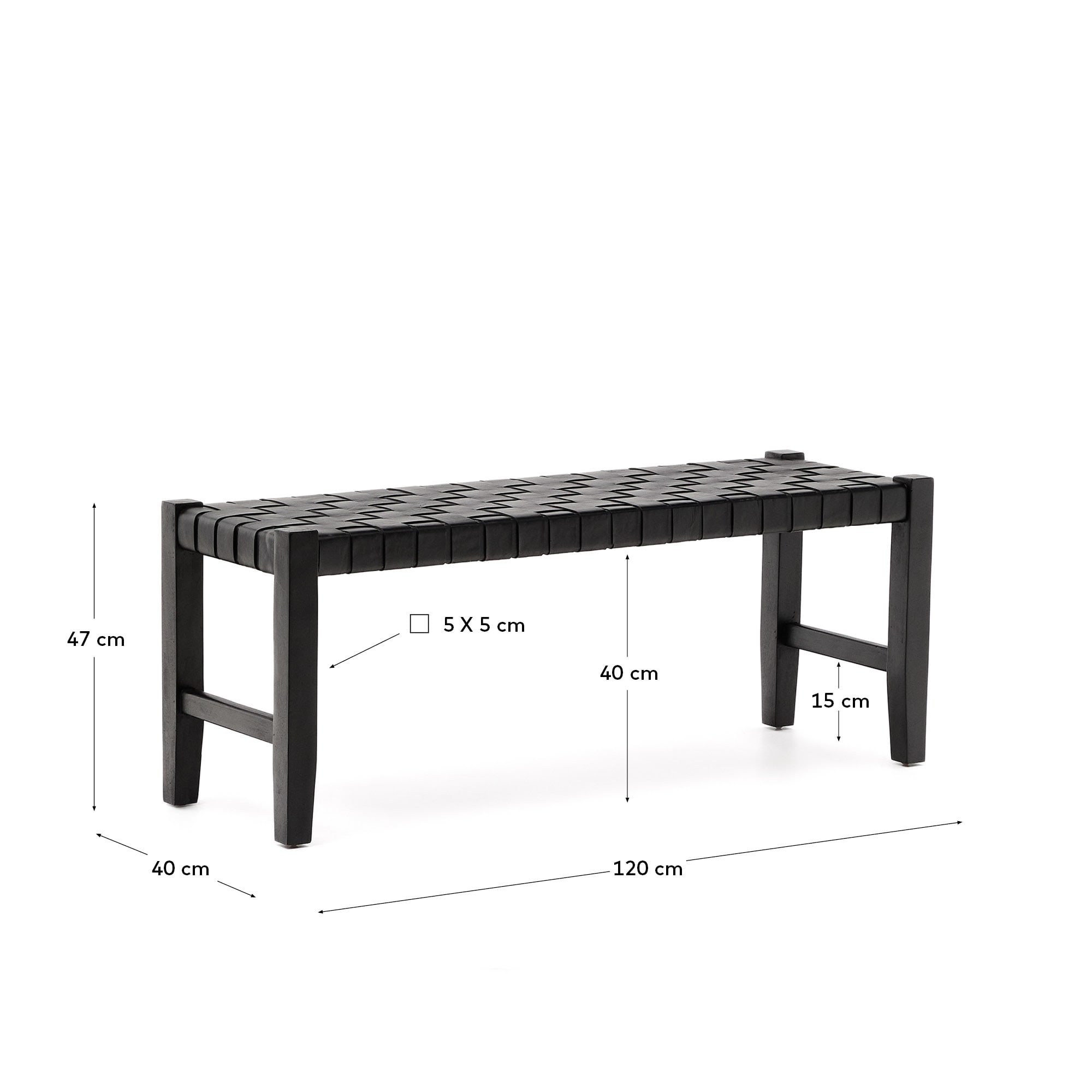 Calixta bench in leather and solid mahogany wood with black finish 120 cm