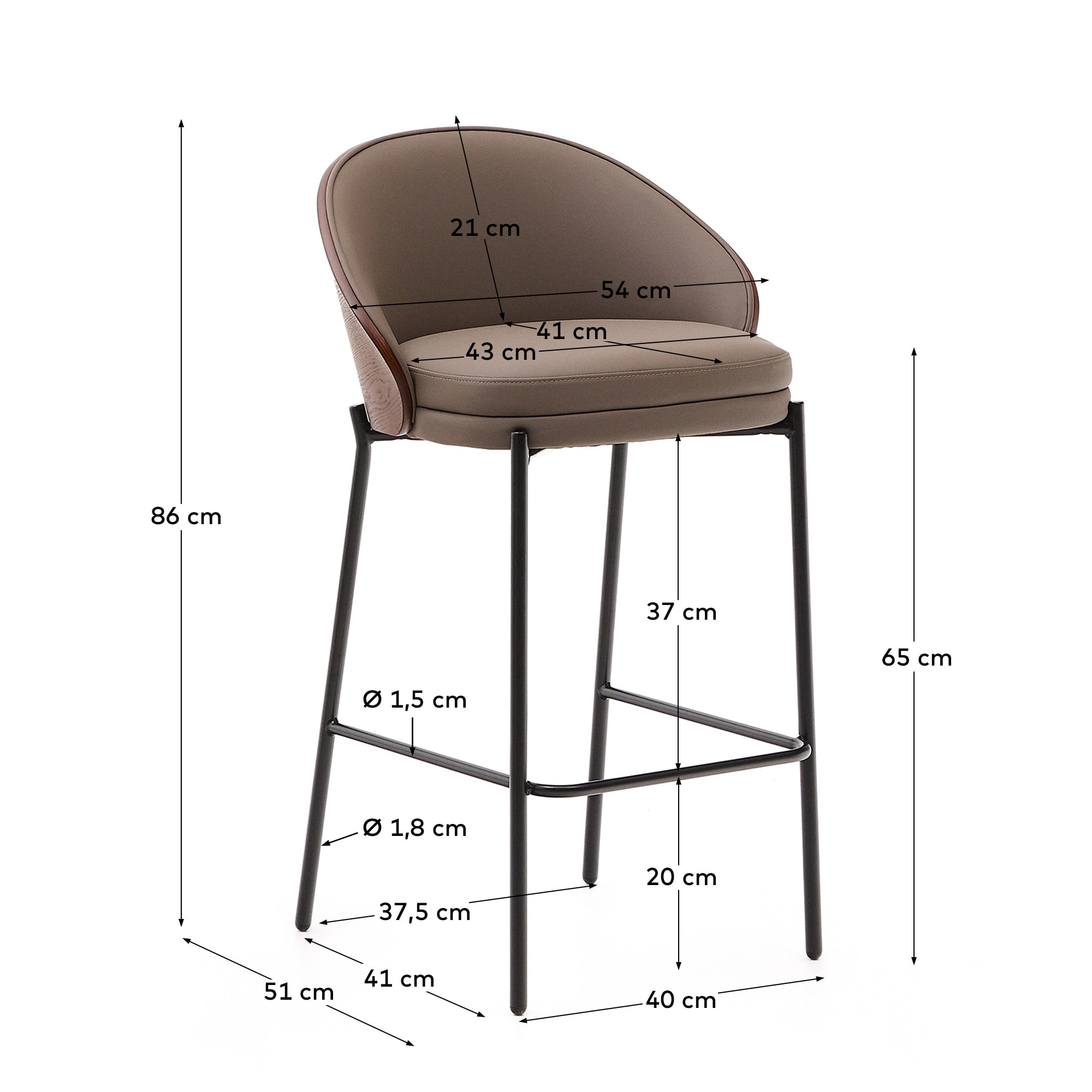 Eamy stool in brown polyurethane, ash veneer walnut finish and black metal 65 cm