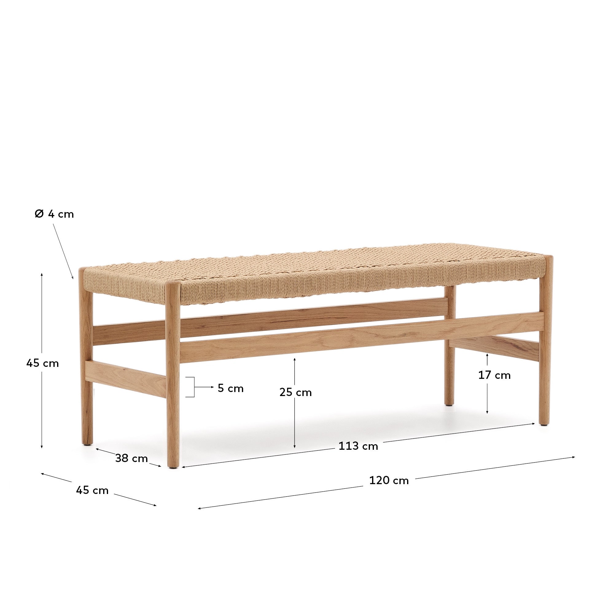 Zaide bench in solid oak wood with natural finish and rope seat, 120 cm, FSC Mix Credit