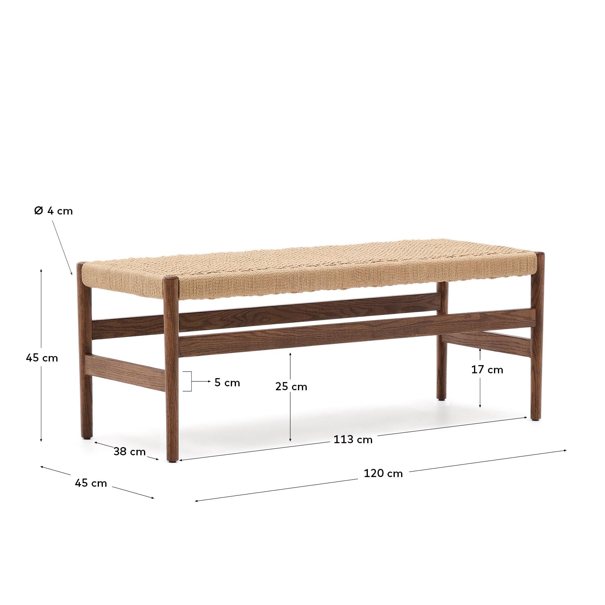 Zaide bench in solid oak wood with walnut finish and rope seat, 120 cm, FSC Mix Credit