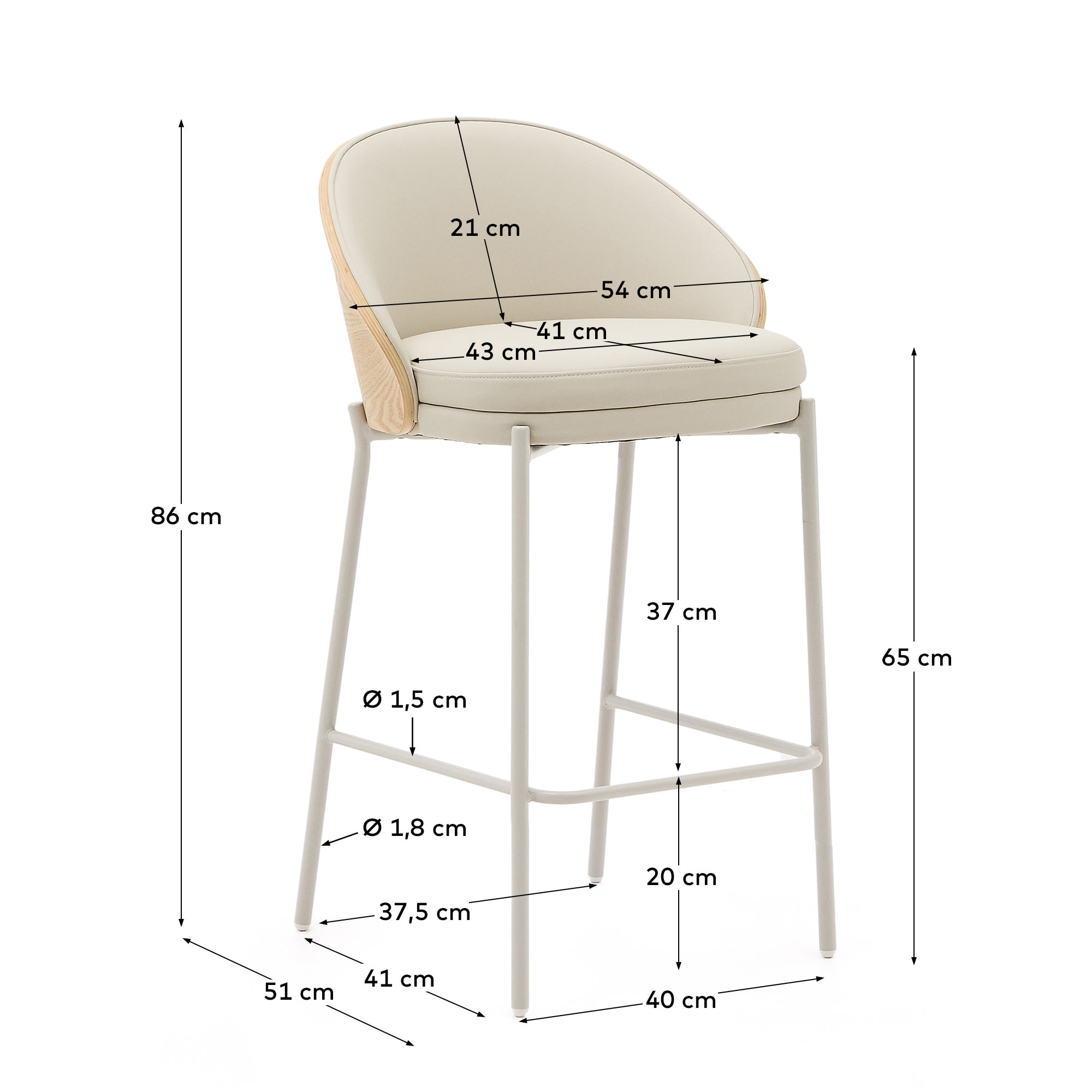 Eamy stool in beige polyurethane, ash veneer natural finish and beige metal 65 cm