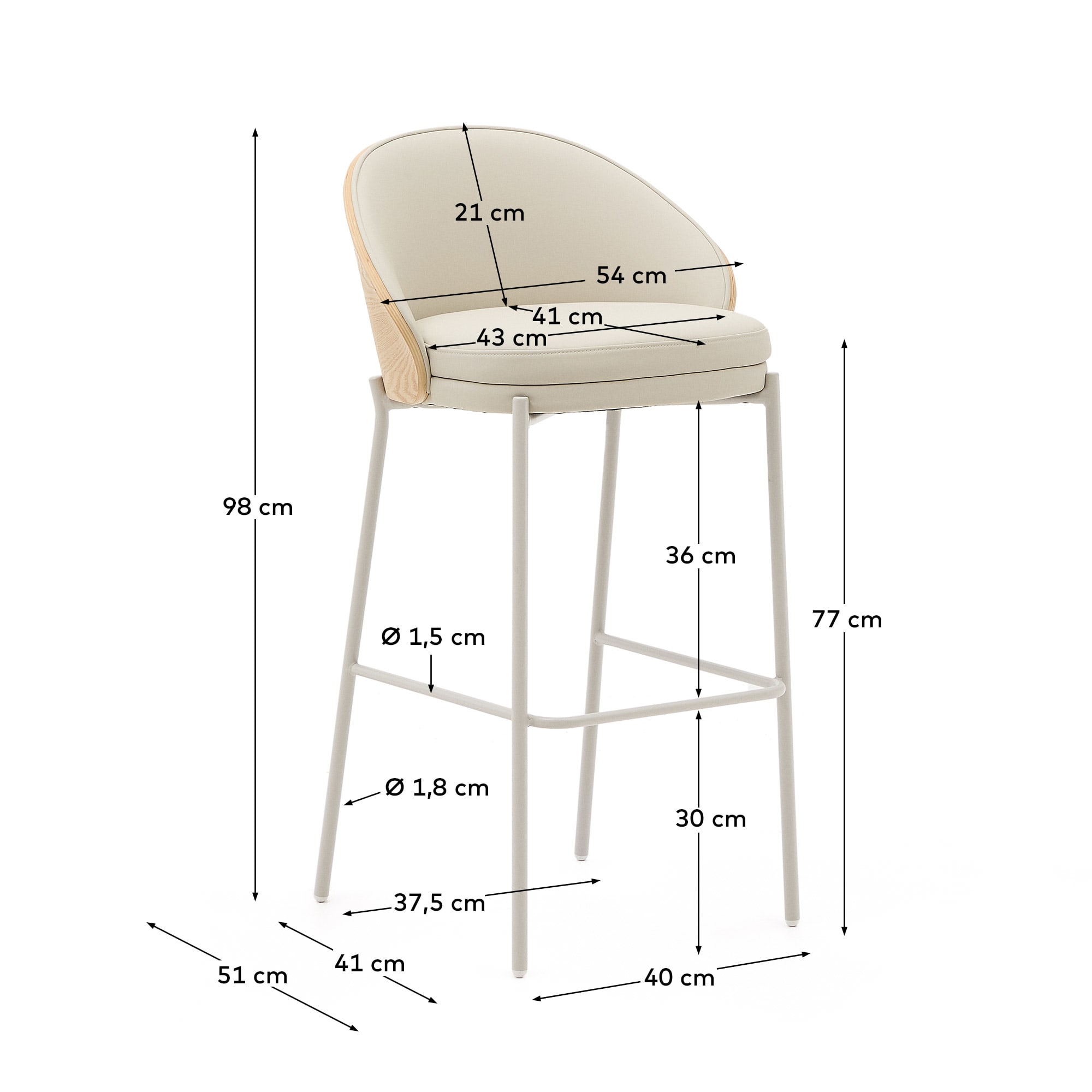 Eamy stool in beige polyurethane, ash veneer natural finish and beige metal 77 cm