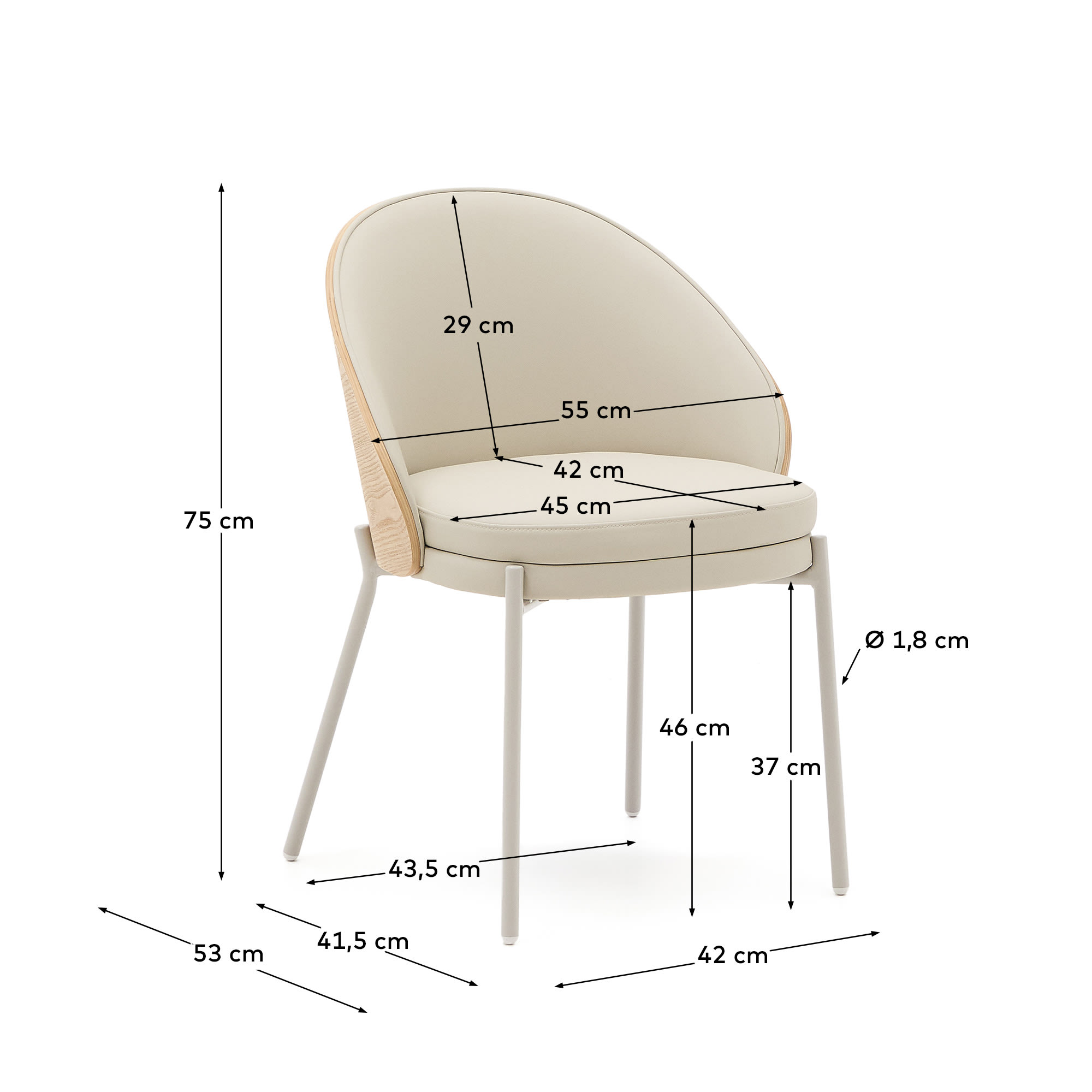 Eamy chair in beige polyurethane, ash veneer with natural finish and beige metal