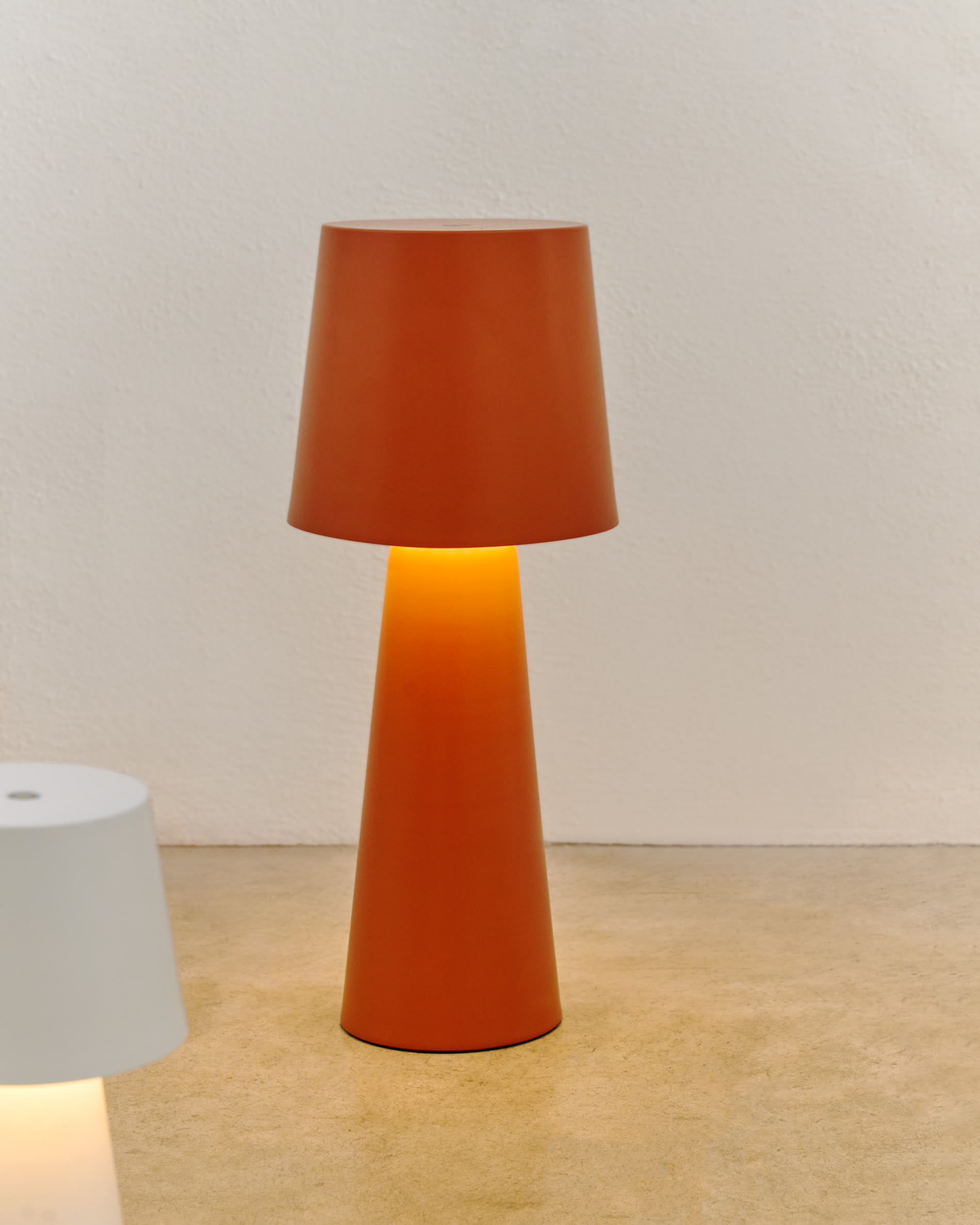 Arenys large outdoor metal table lamp in a terracotta painted finish