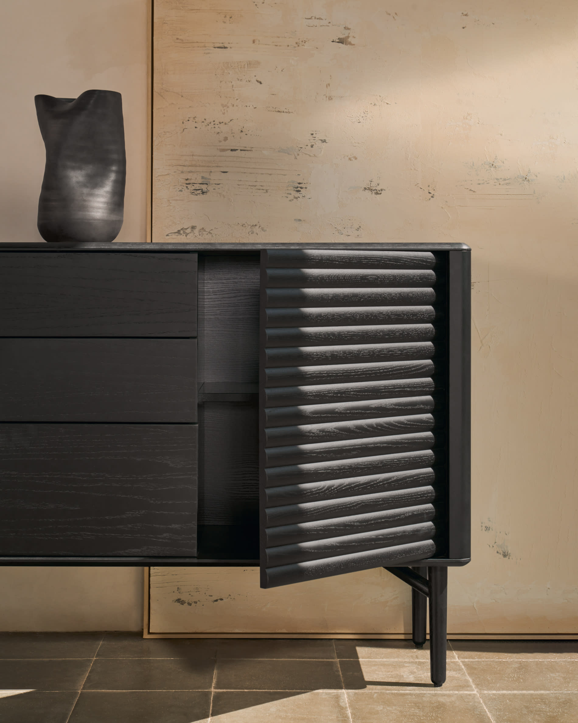 Lenon sideboard 3 doors and 3 drawers solid wood and black oak veneer 200x86cm FSC Mix Credit