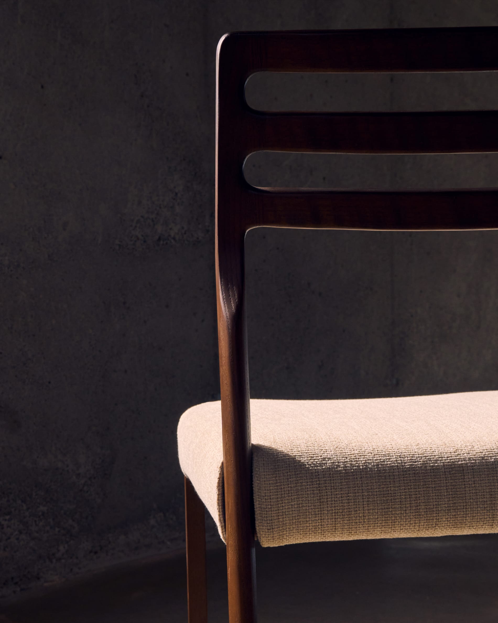 Cudia chair removable cover in beige chenille solid oak wood walnut finish FSC Mix Credit
