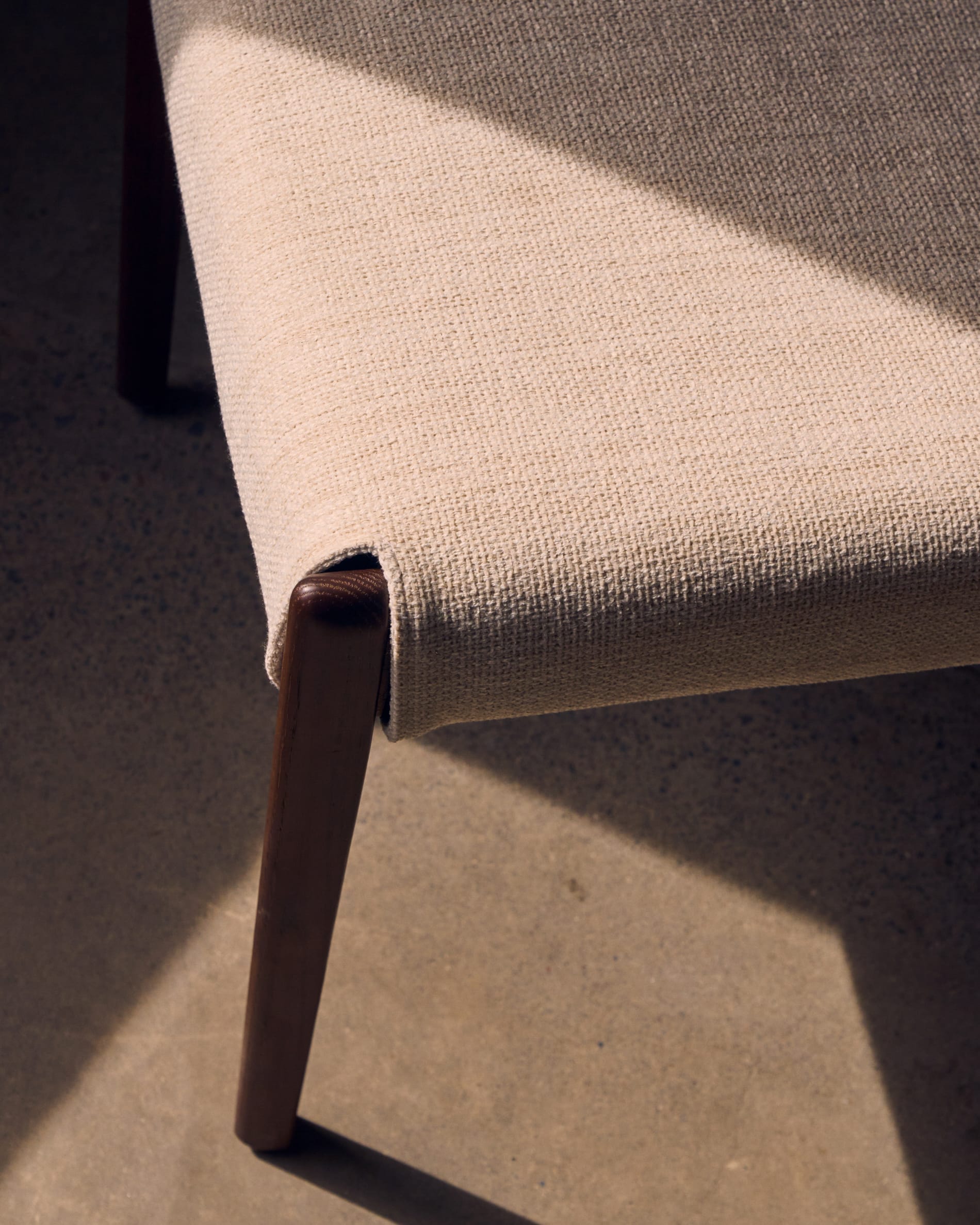 Cudia chair removable cover in beige chenille solid oak wood walnut finish FSC Mix Credit