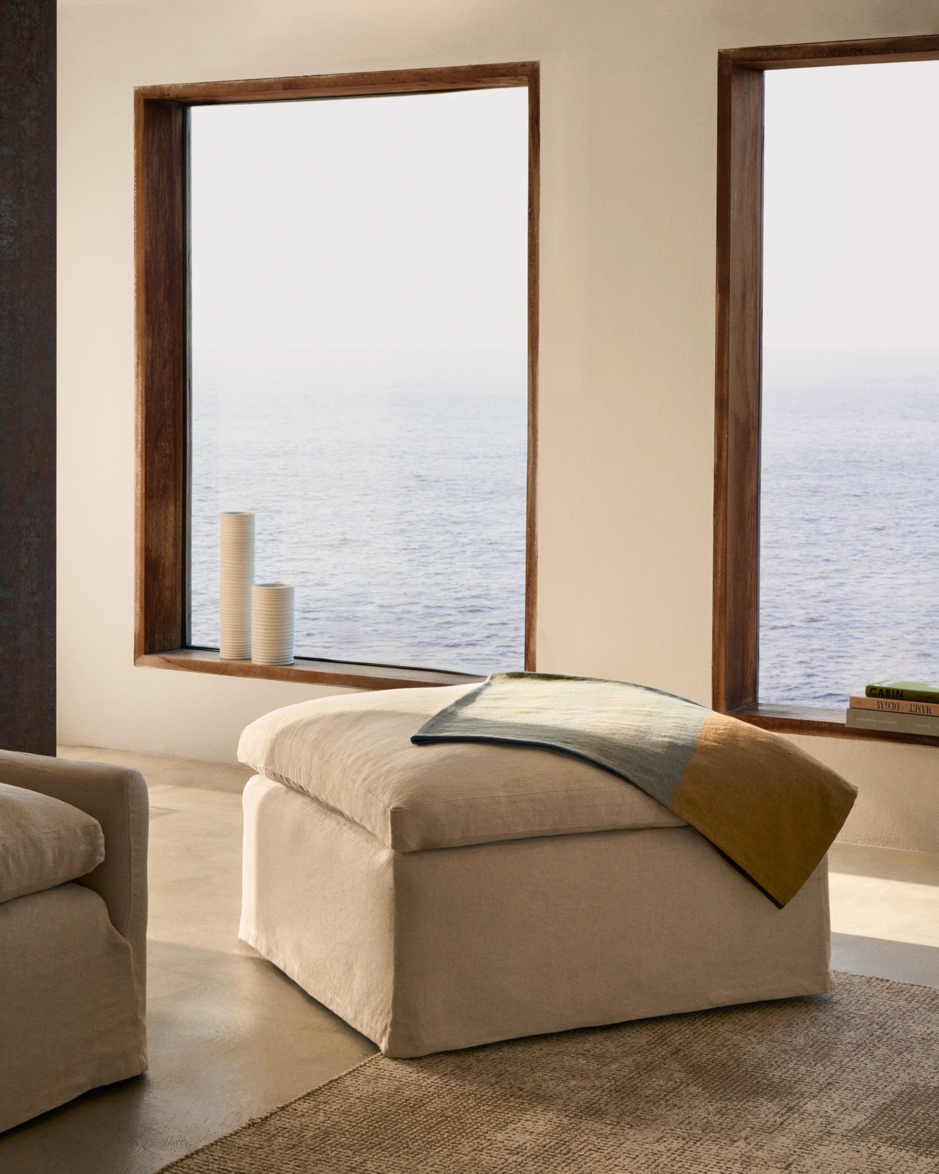 Zenira beige cotton and linen footrest with removable cover and cushion 90 x 90cm