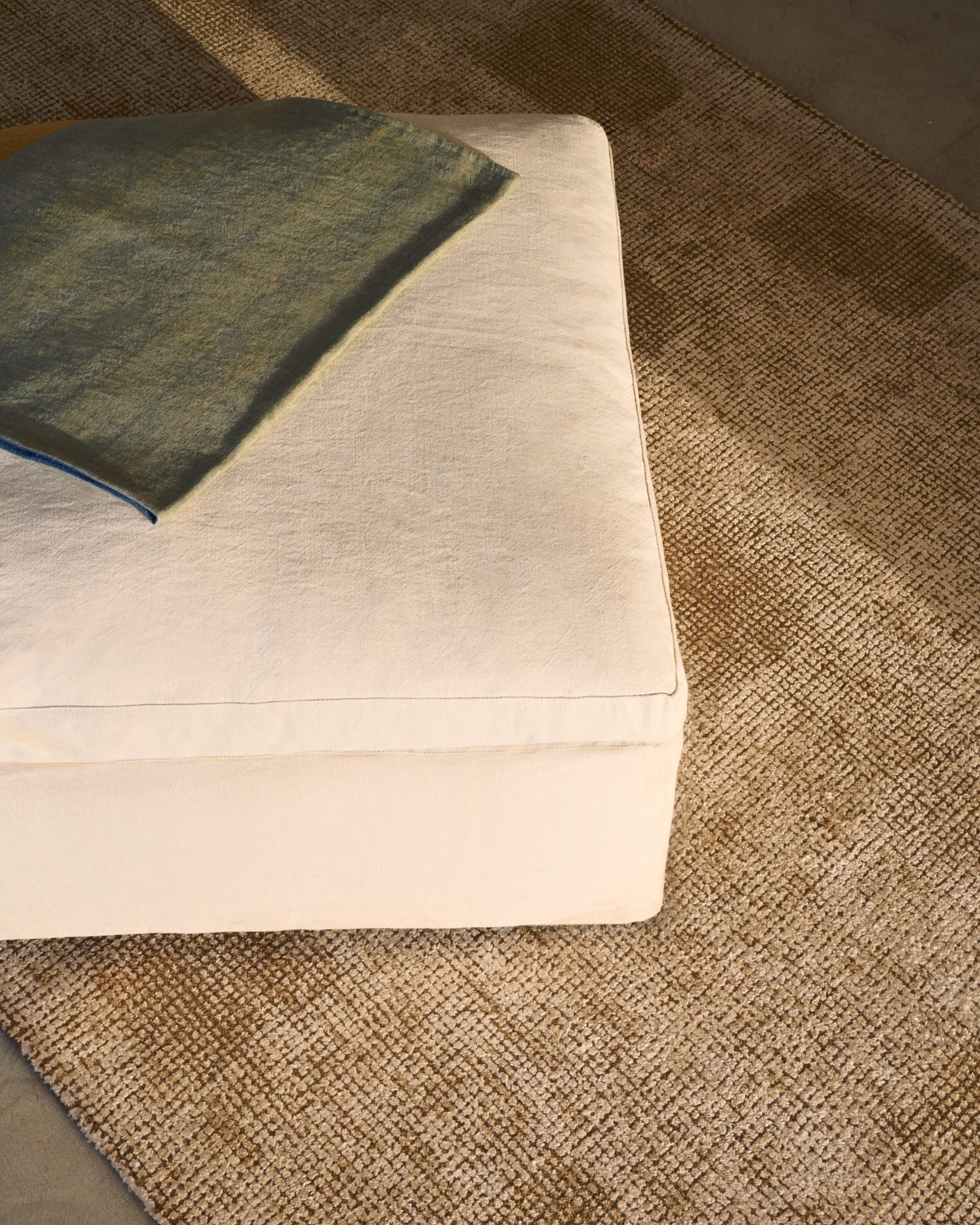 Zenira beige cotton and linen footrest with removable cover and cushion 90 x 90cm