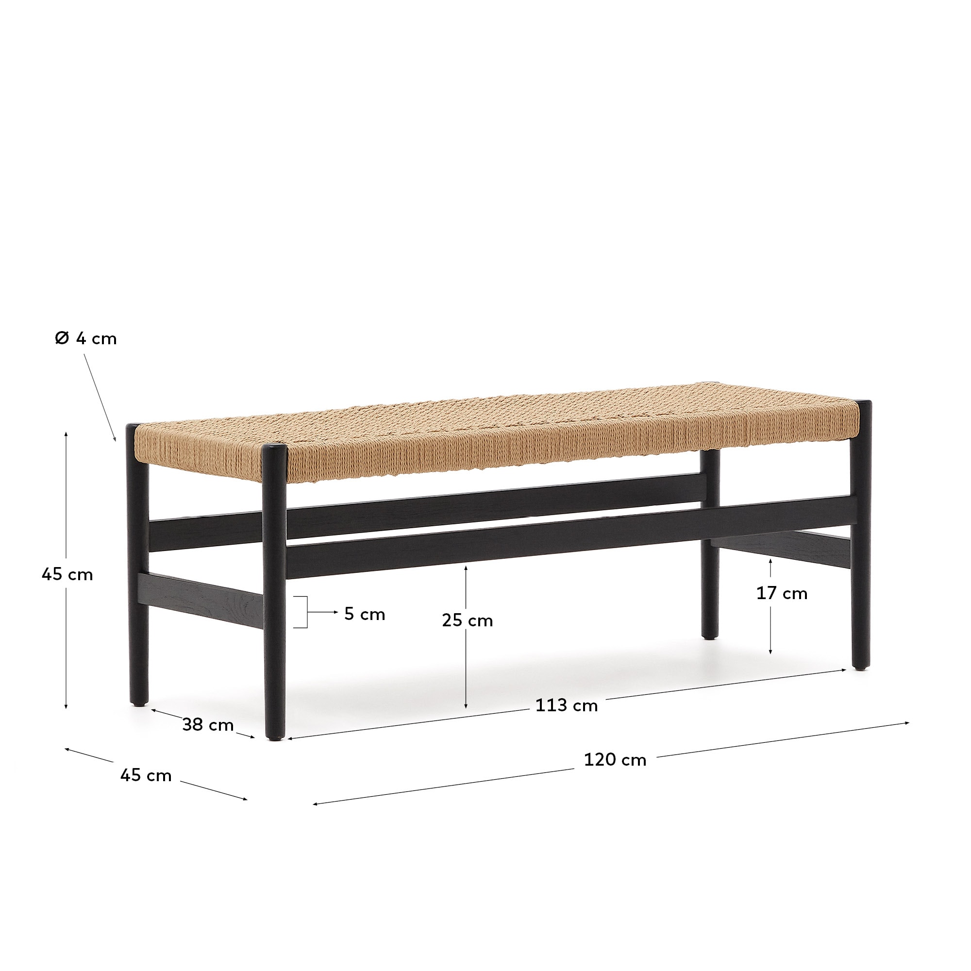 자이드 FSC 100% 산림인증 오크나무 로프 코드 벤치 (블랙컬러) 120 cm - 크기