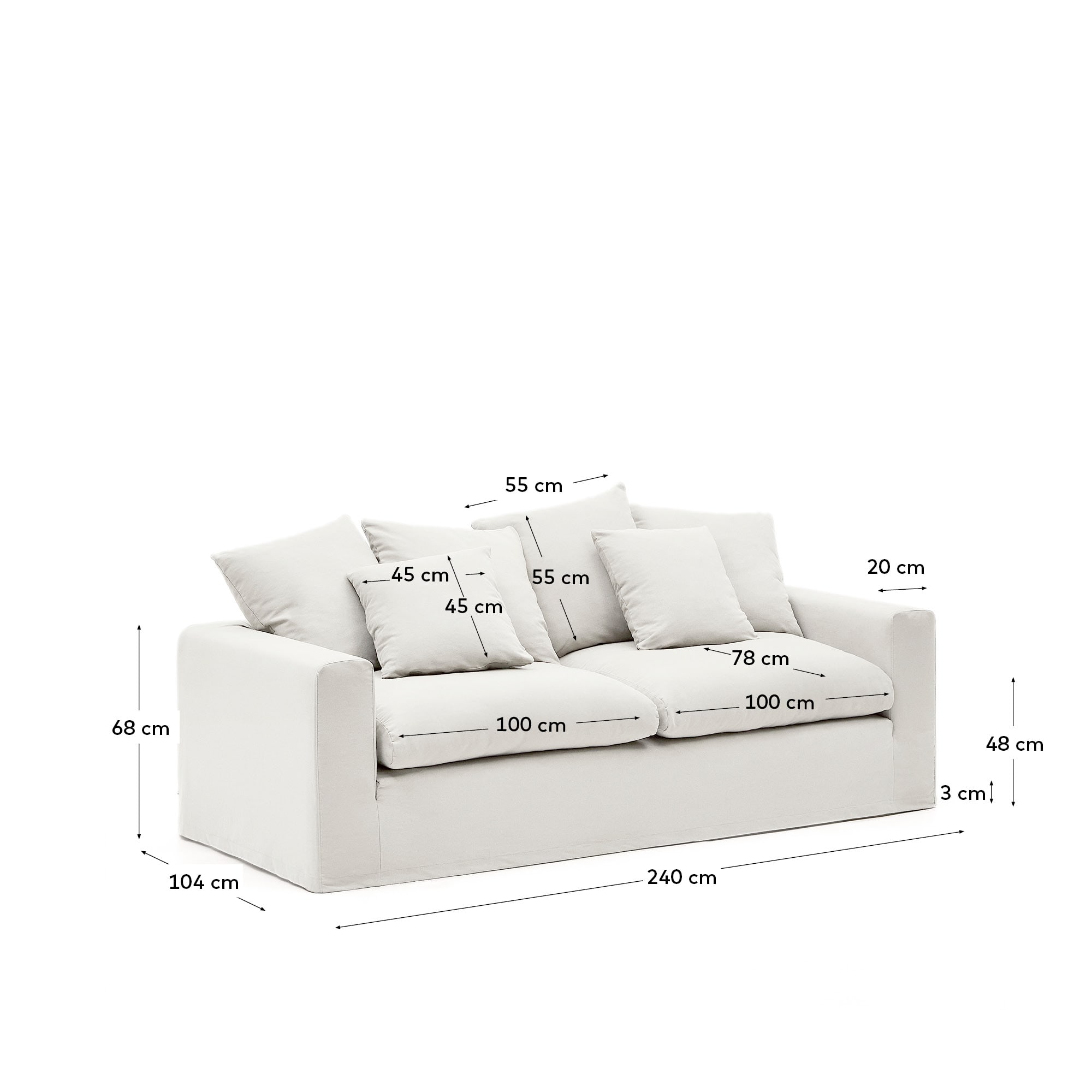 Nora 3-seater sofa with removable cover with linen and cotton cushions in ecru 240cm