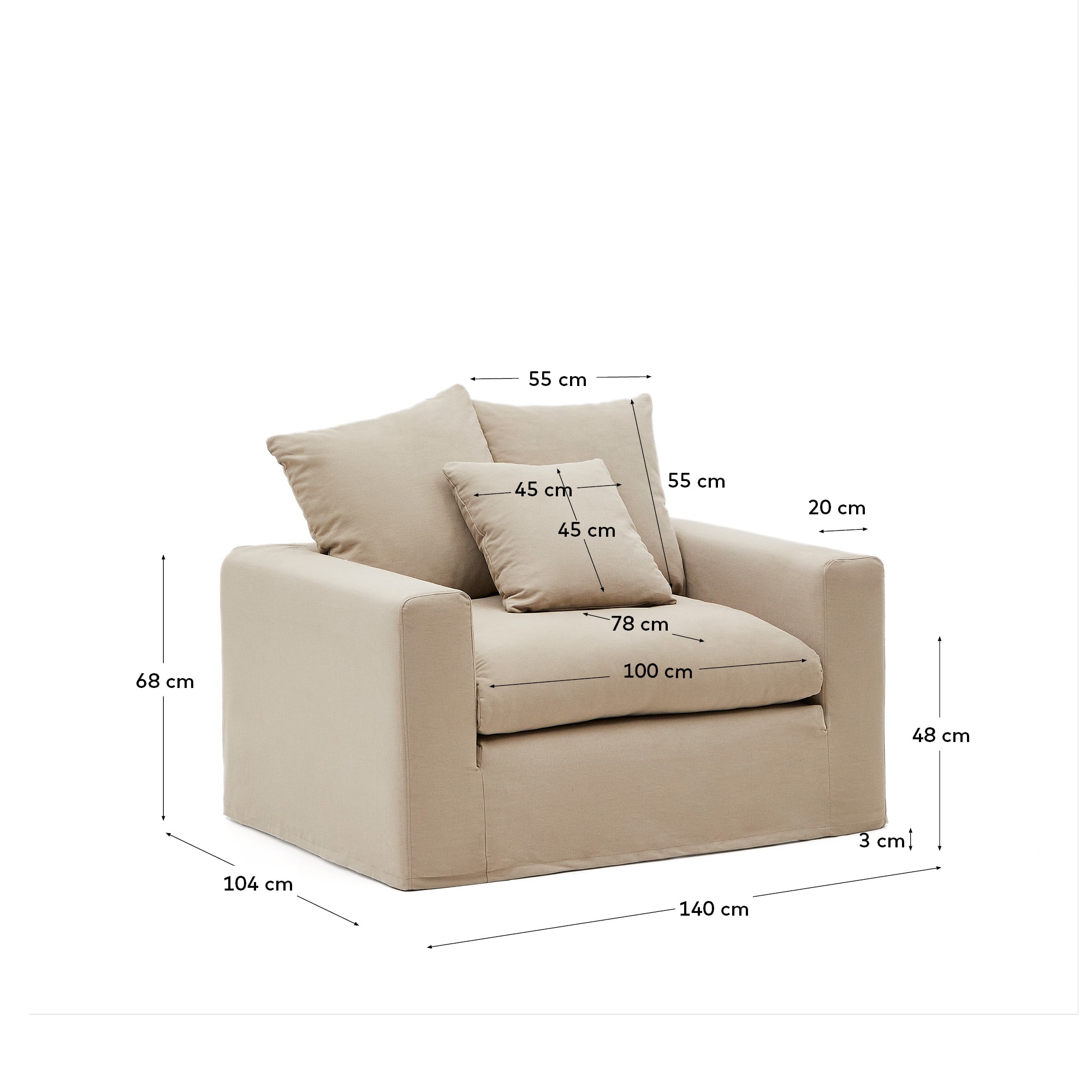 Nora armchair with removable cover with linen and cotton cushion in taupe 140cm