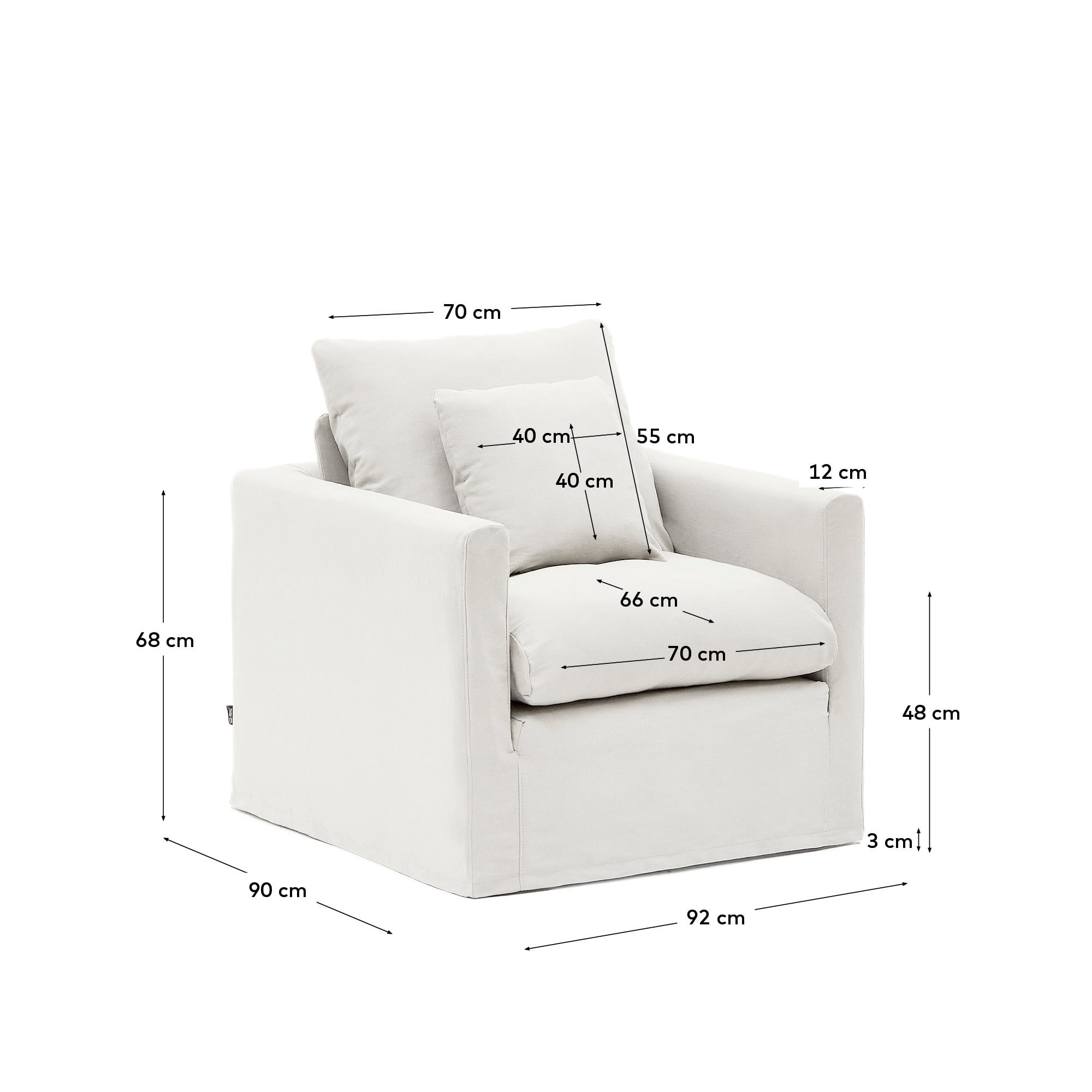 Nora armchair with removable cover with linen and cotton cushion in ecru 92cm