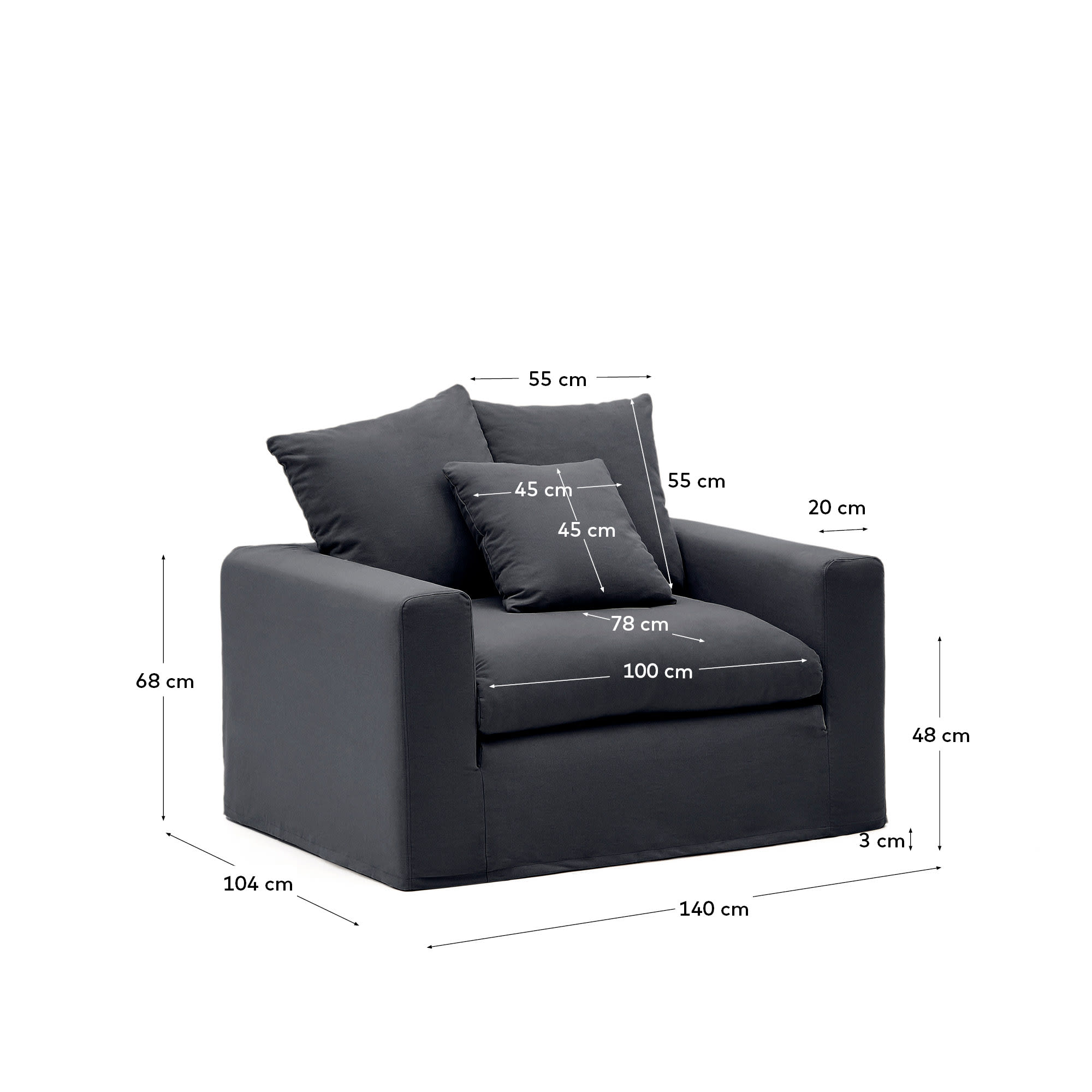 Nora armchair with removable cover with linen and cotton cushion in anthracite grey 140cm