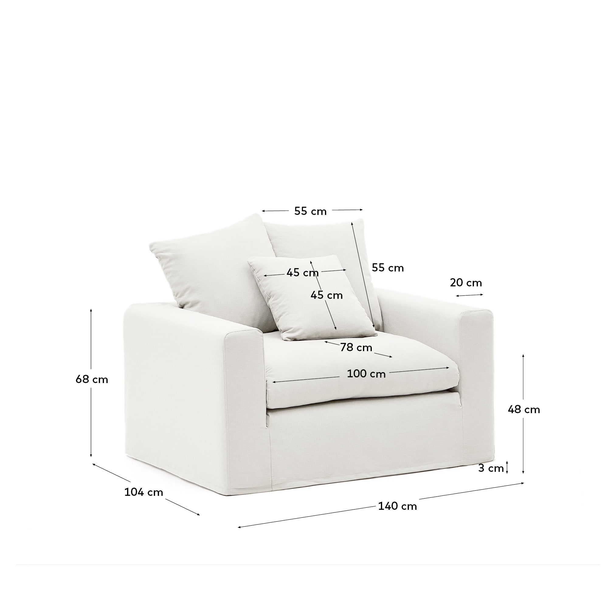 Nora armchair with removable cover with linen and cotton cushion in ecru 140cm