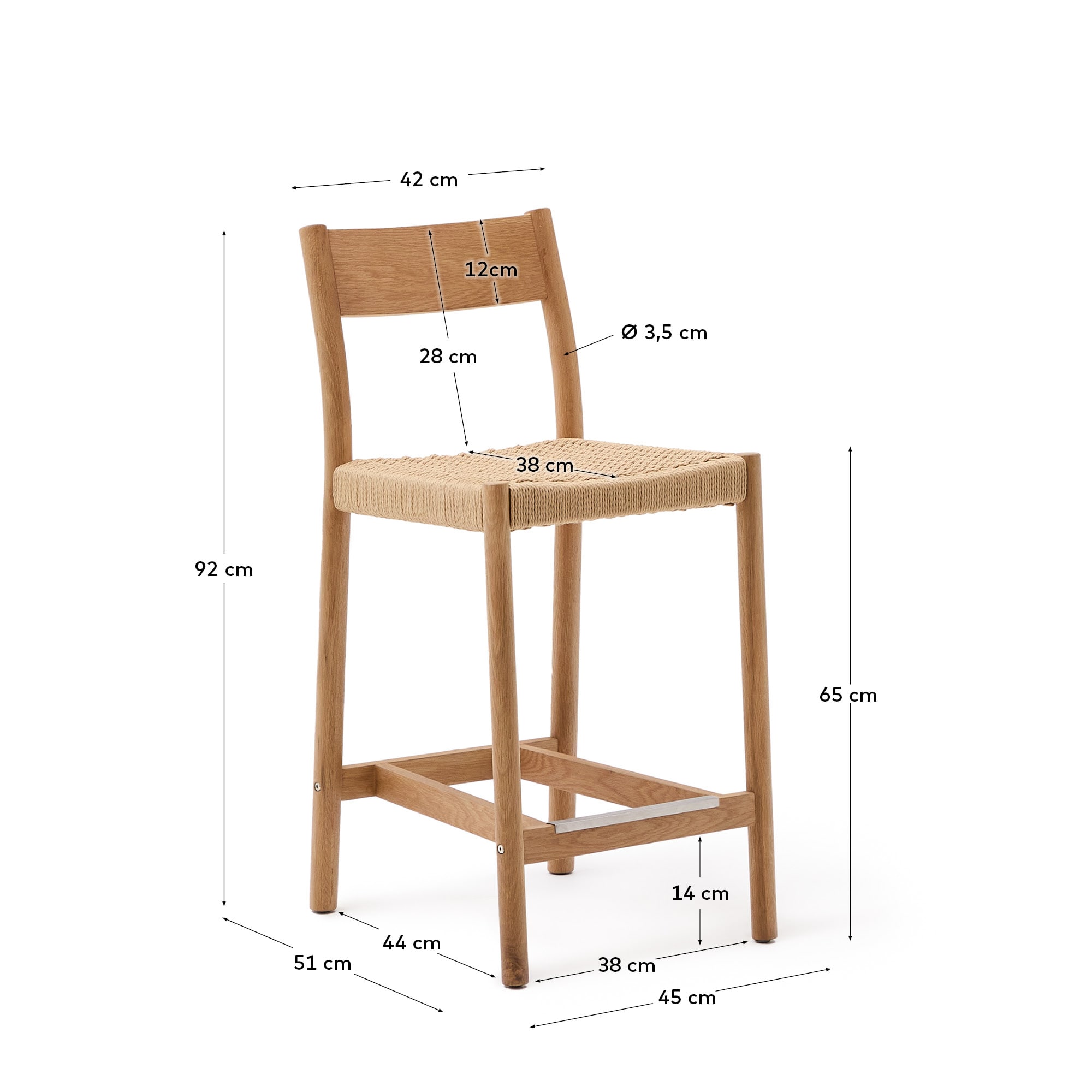 Yalia stool with backrest in solid oak wood with natural finish and rope seat, 65 cm, FSC Mix Credit