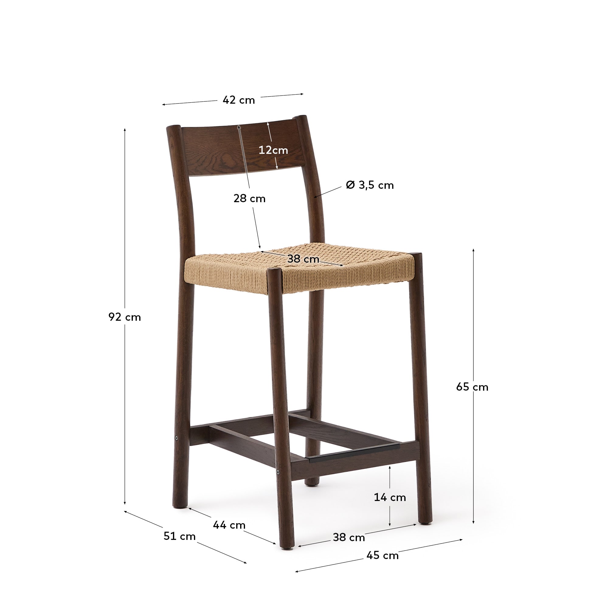 Yalia stool with backrest in solid oak wood with walnut finish and rope seat, 65 cm, FSC Mix Credit