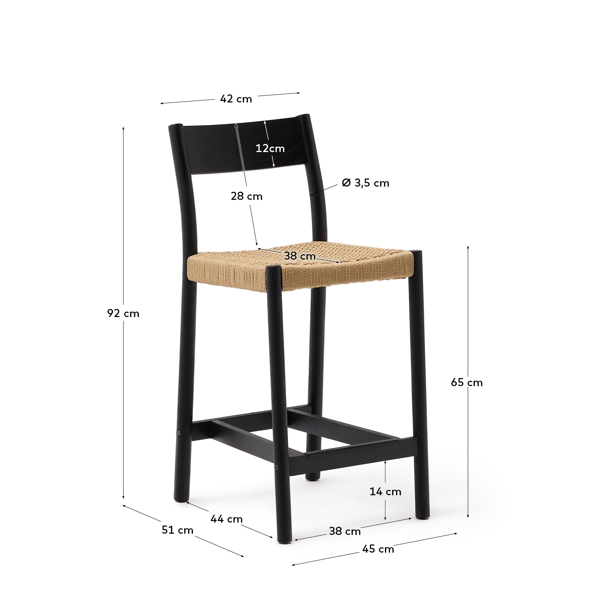 Yalia stool with a backrest in solid oak wood in a black finish, and rope cord seat, 65 cm 100% FSC - 크기