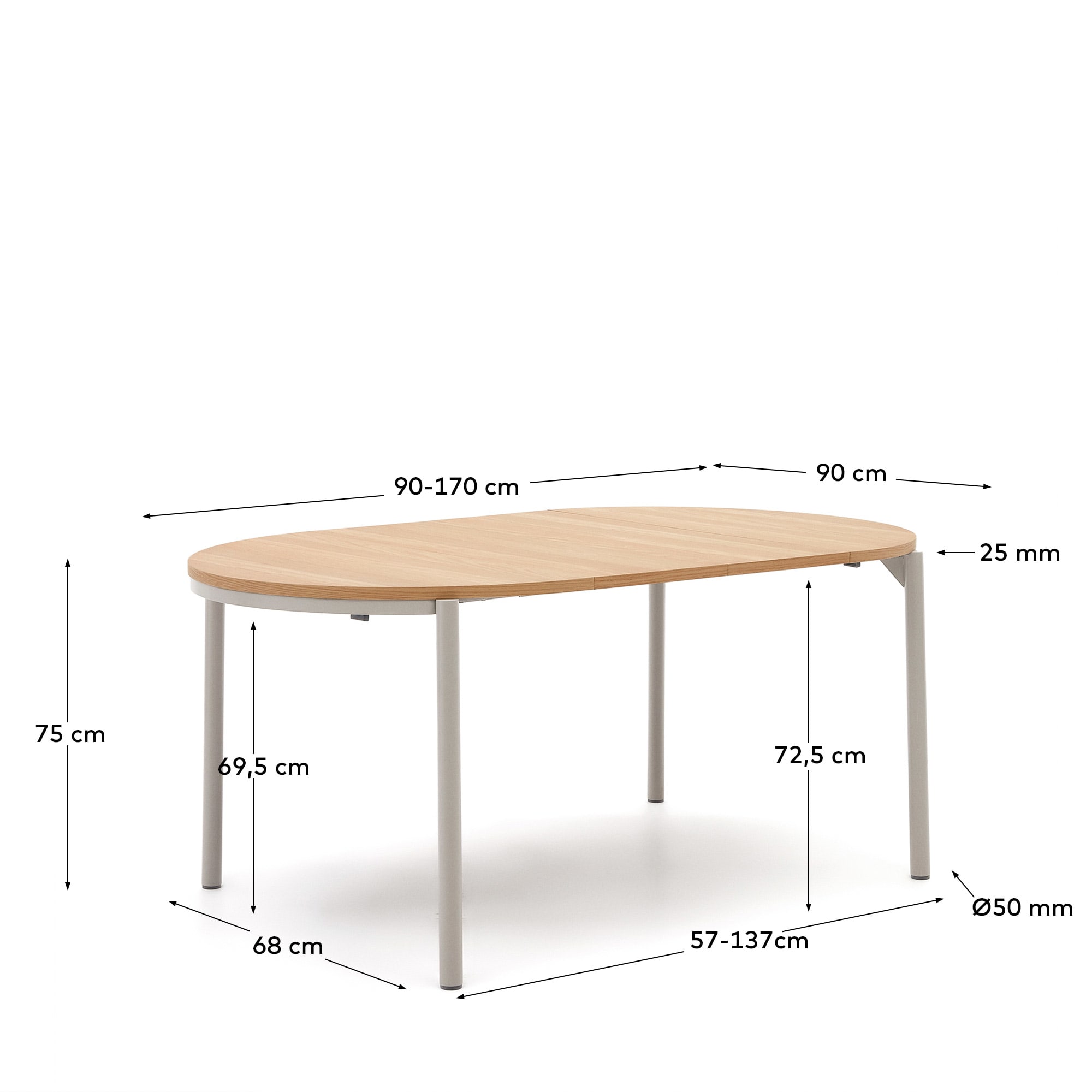 Montuiri round extendable table in oak veneer and with steel legs in a grey finish, Ø90(170) cm